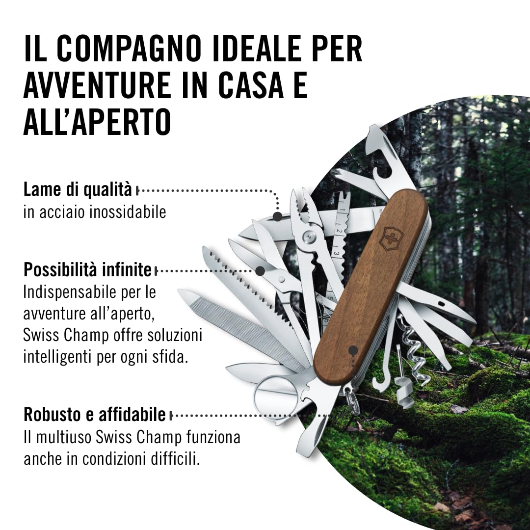 Victorinox Multiuso Swiss Champ Wood, Legno, 29 Funzioni, Made in Switzerland, Multi-strumento con Seghetto per Legno, Forbici, Marrone