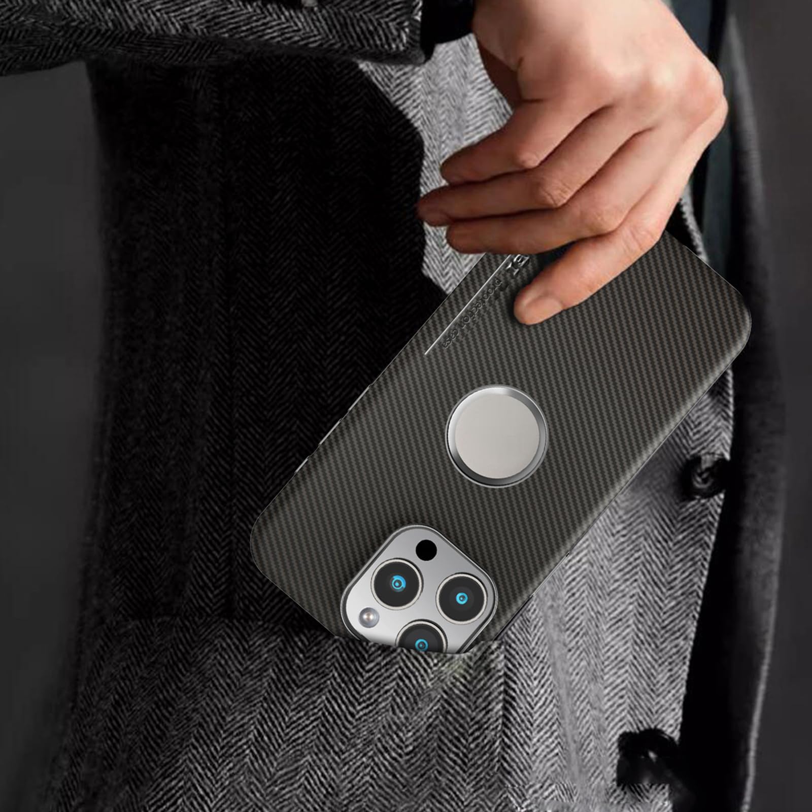 Magnetyczne skórzane etui na iPhone'a 16 Pro Max / 16 Pro/16 Plus/16, tekstura włókna węglowego, osłona zapobiegająca odciskom palców, design logo, smukłe, biznesowe etui ochronne, niebieskie
