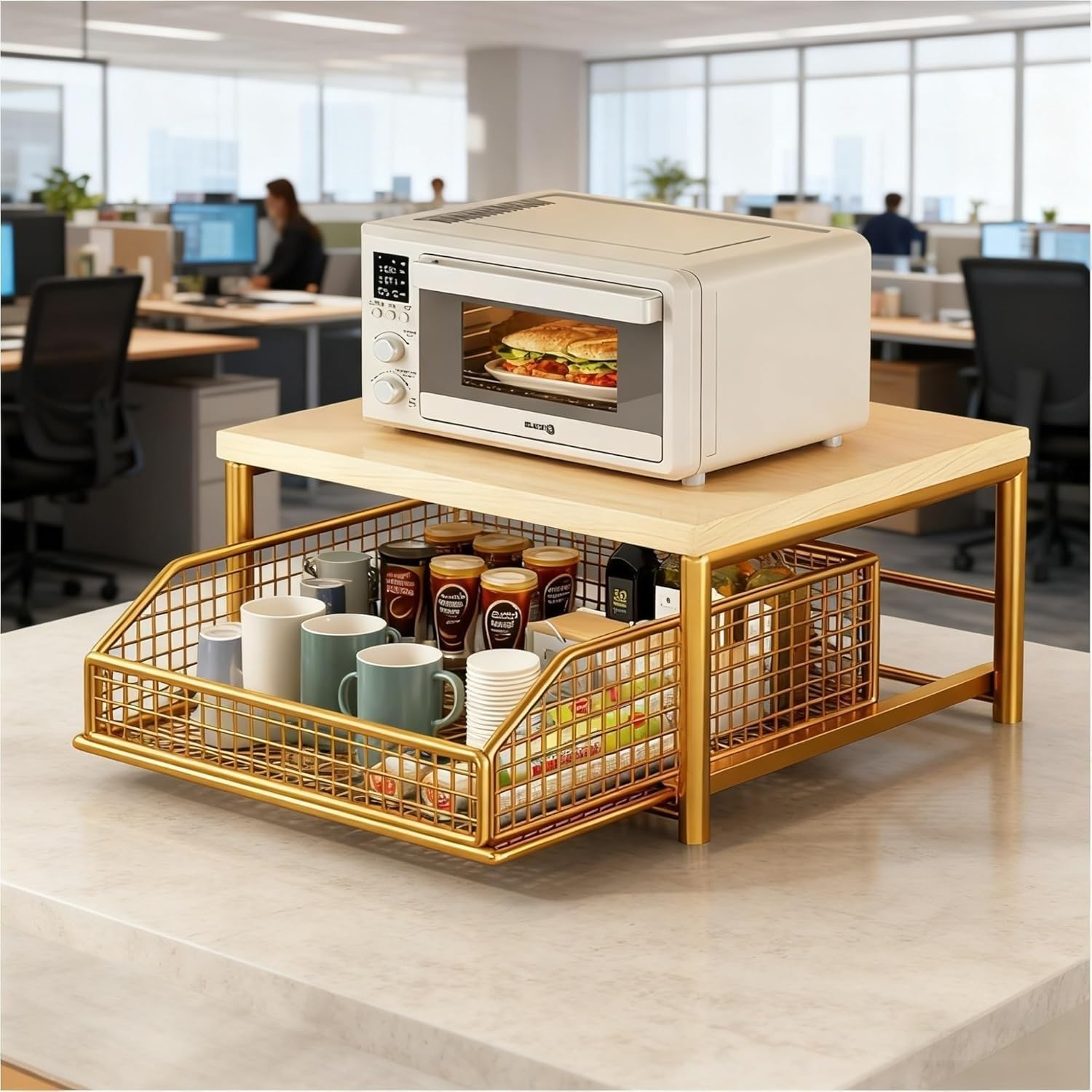 Organizzatore per Macchina da Caffè con Antenna Scorrevole Piano di Lavoro Scaffale Espositivo Alimenti Doppia Rack a Terra Adatto per Cucina Ufficio Salone Camera da Letto(Black,A)