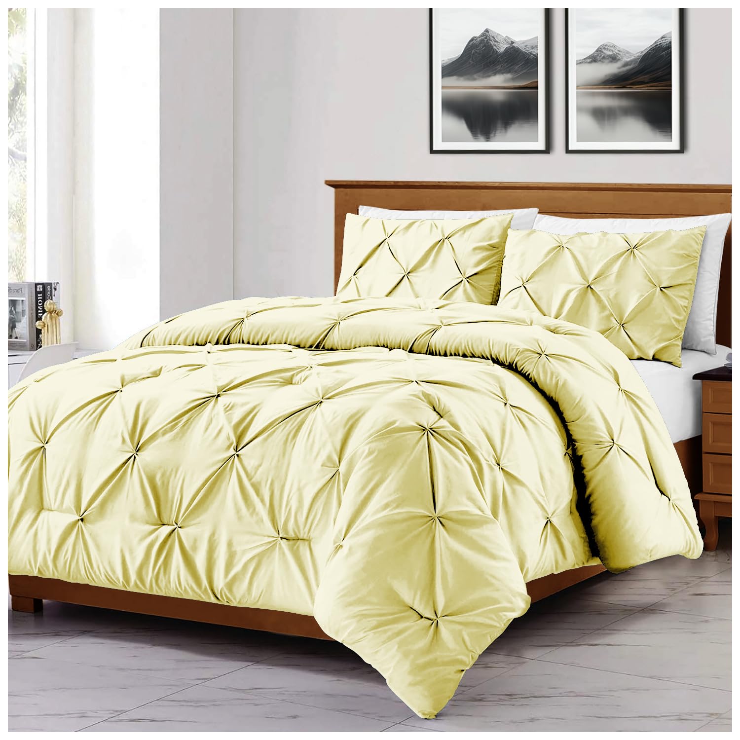 Gc Gaveno Cavailia Yellow Diamond Superking Size Duvet Cover Sets | Pleated Quilt Covers Bedset With Matching Pillowcases | Polycotton Pintuck Bed Linen Set |