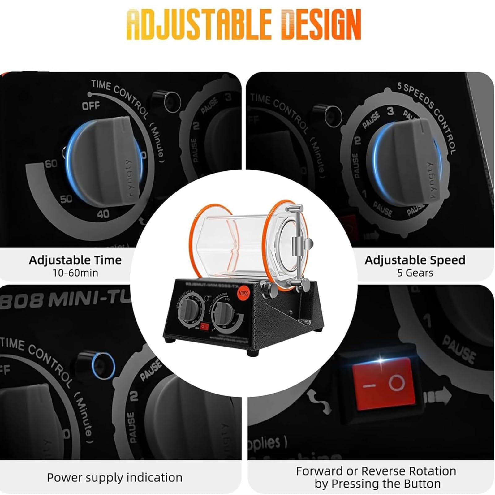 Máquina pulidora profesional de joyas con doble rotación, ajustes programables y control de velocidad para piedras, monedas y metales