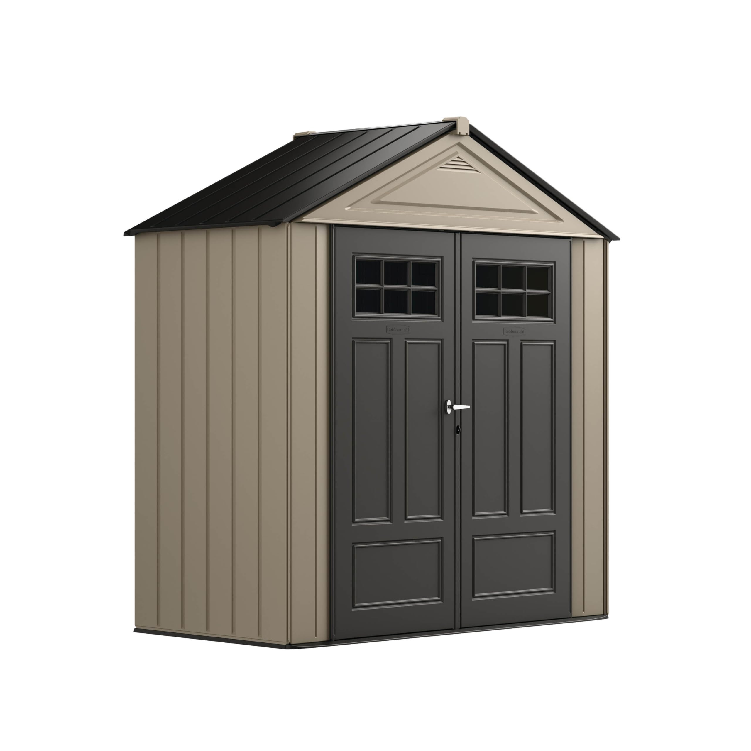 Photo 1 of Rubbermaid Resin Outdoor Storage Shed With Floor (7 x 3.5 Ft) Weather Resistant, Brown Gable, Organization for Home/Backyard/Garden Tools/Lawn Mower/Bike Storage/Pool Supplies