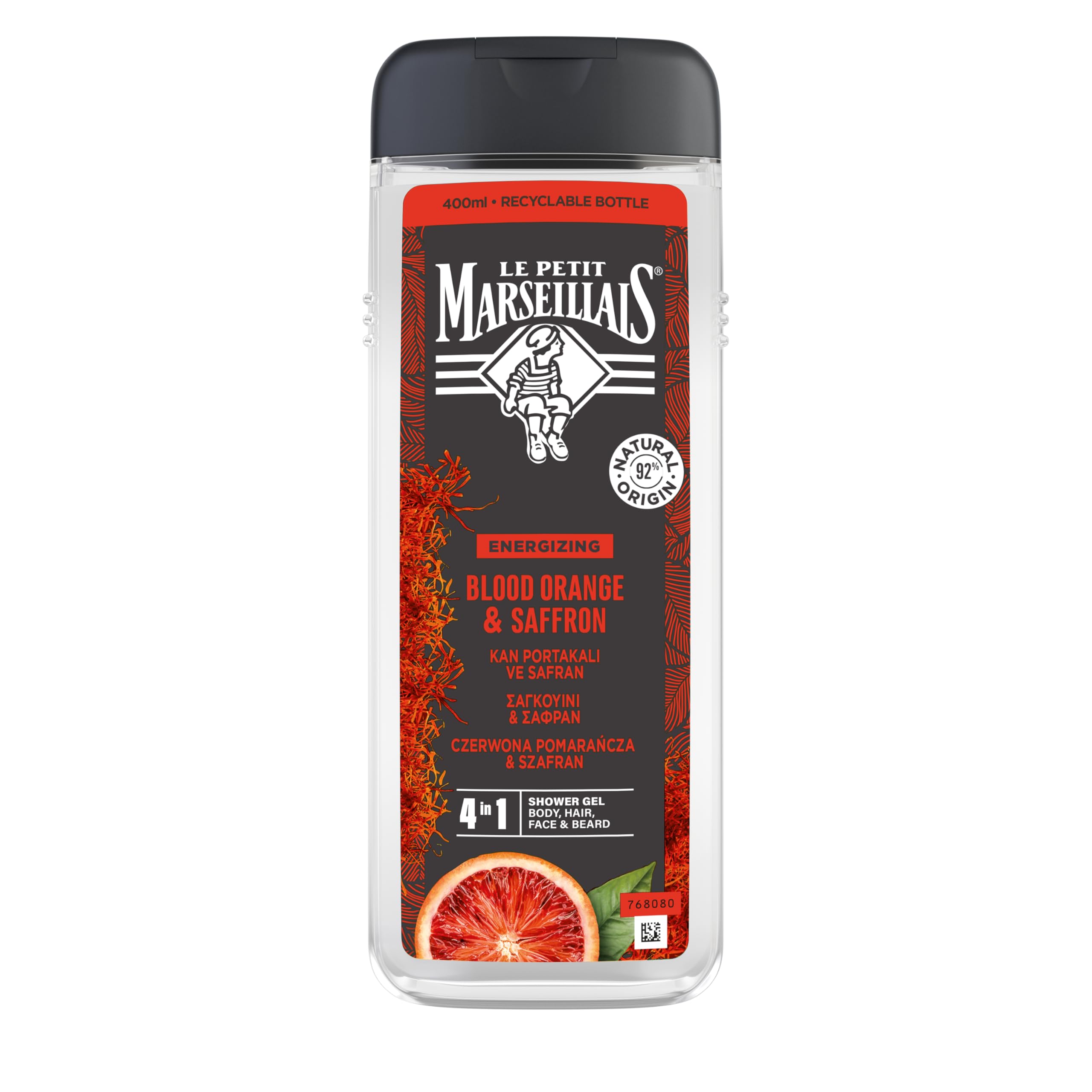 Le Petit Marseillais MEN Shower Gel 4in1 Red Orange & Saffron 400 ml – for body, face, hair and beard, male, energizing, fragrance