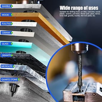10pc Tile & Glass Drill Bit Set, 3-12mm Carbide Drills, 1/4