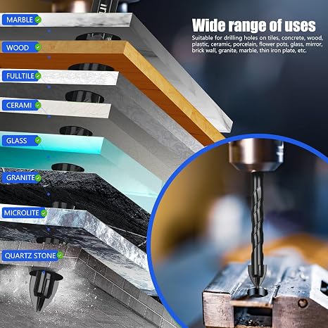10pc Tile & Glass Drill Bit Set, 3-12mm Carbide Drills, 1/4