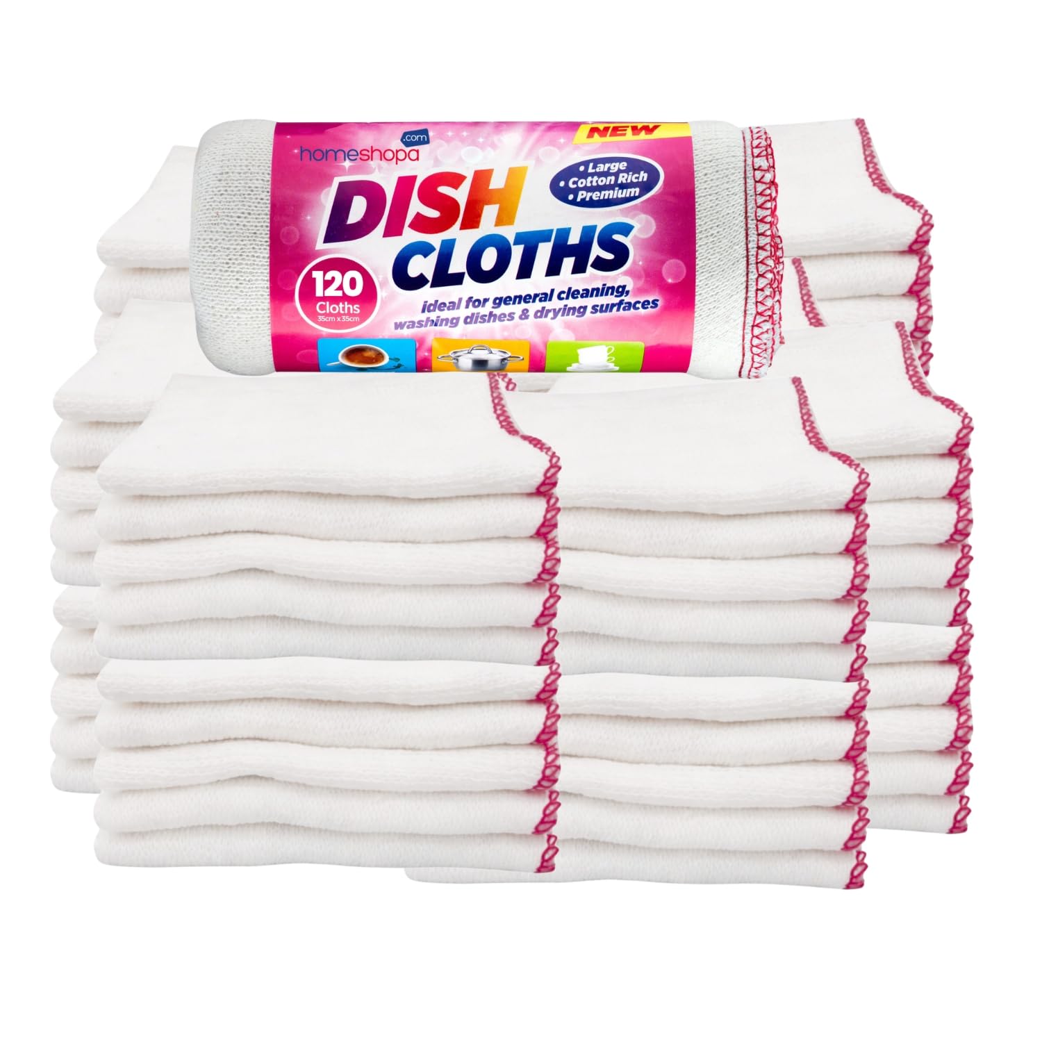 HOMESHOPA Large Dish Cleaning Cloth, 120 Pack Cotton Super Absorbent White Kitchen Washing Up Dishcloth, Extra Soft & Thick Reusable Tea Towels Washcloths, 35 X 35cm