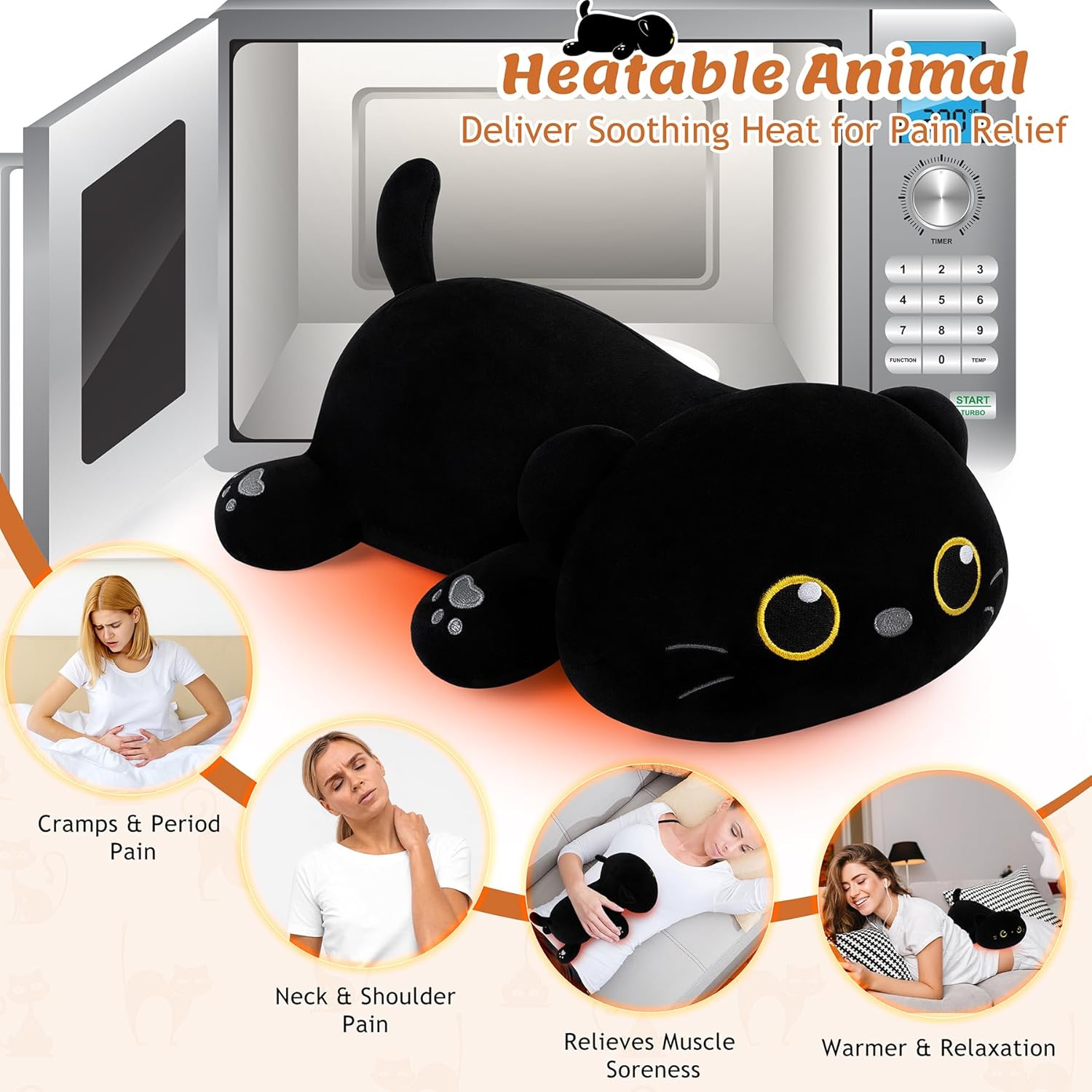 1.8lb Black Cat Stuffed Animals Plush Microwavable Heating Pad-14'' Black Cat Heating Pads for Cramps &Period Pain Relief, Heatable & Coolable Stuffed Animals Bedtime Birthday Gift for Women Kids