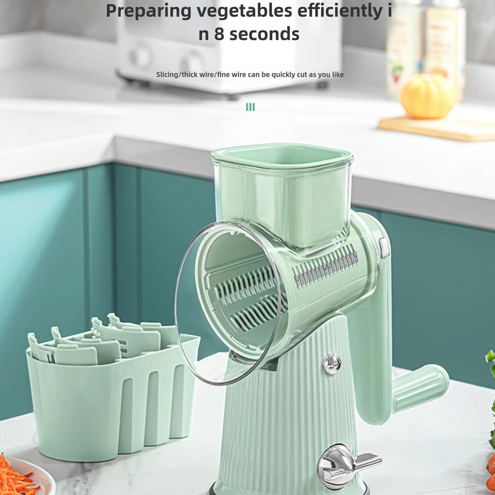 5-in-1 Rotary Cheese And Vegetable Grater - Manual Hand Crank, Dishwasher Safe, With Storage Box (Green)