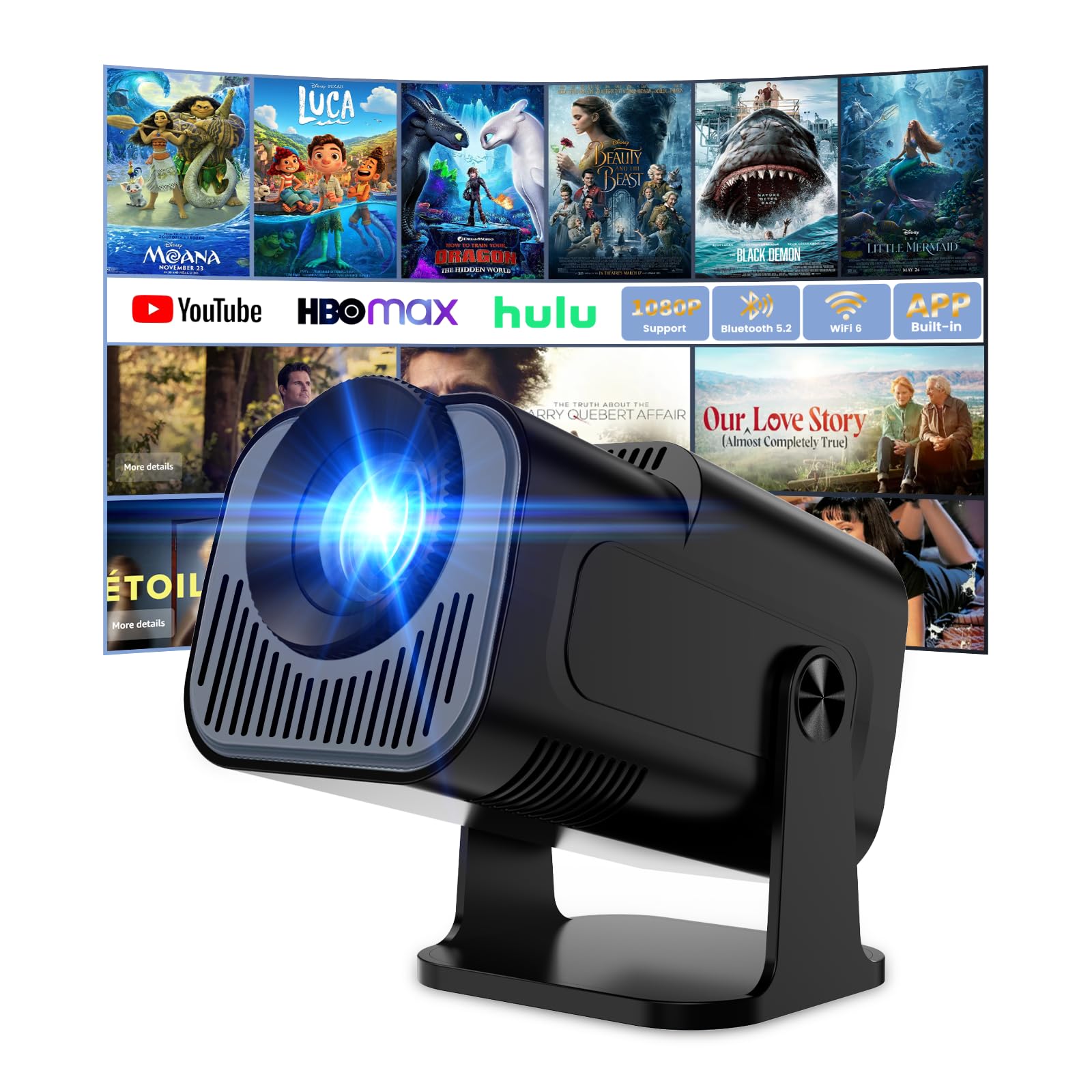 Apps integrate & Modalità Stella] Mini Proiettore Support 4K 1080P con Modalità Stella Proiettore con Apps e Android TV OS Auto Keystone WiFi 6 BT5.2, Compatible con TV Stick/USB/HDMI,Bianco