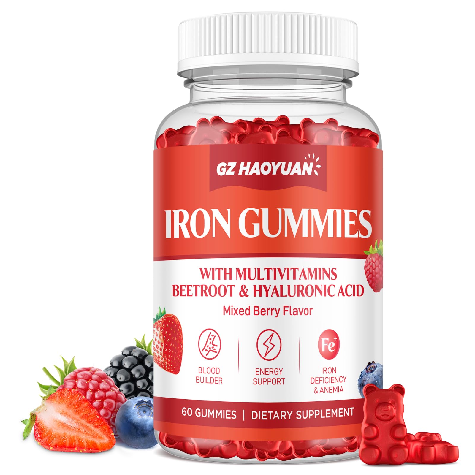 Iron Gummies for Women & Men - Iron Supplement with Multivitamin for Adults & Kids - Support Blood Builder, Energy, Iron Deficiency & Anemia - Sugar Free Iron Gummies Mixed Berry Flavor 60 ct Mixed Berry 60 Count (Pack of 1)