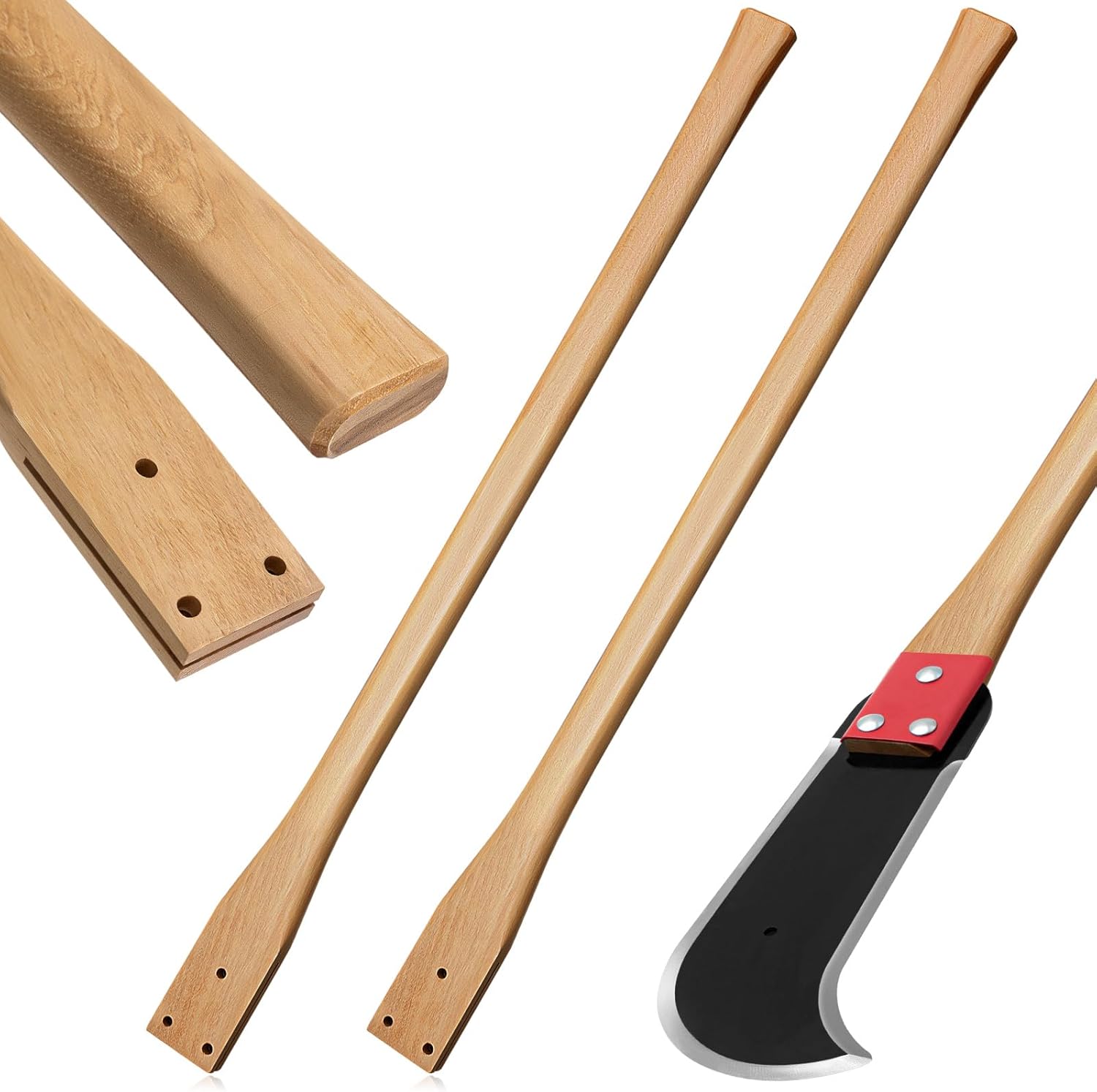 Leinuosen 2 Pcs Ditch Bank Blade Handles 3 Hole Hickory Wood Axe Handle Replacement with Straight Grip for Most 3 Hole Shrubbing Tool Brush Axe, 38 Inch