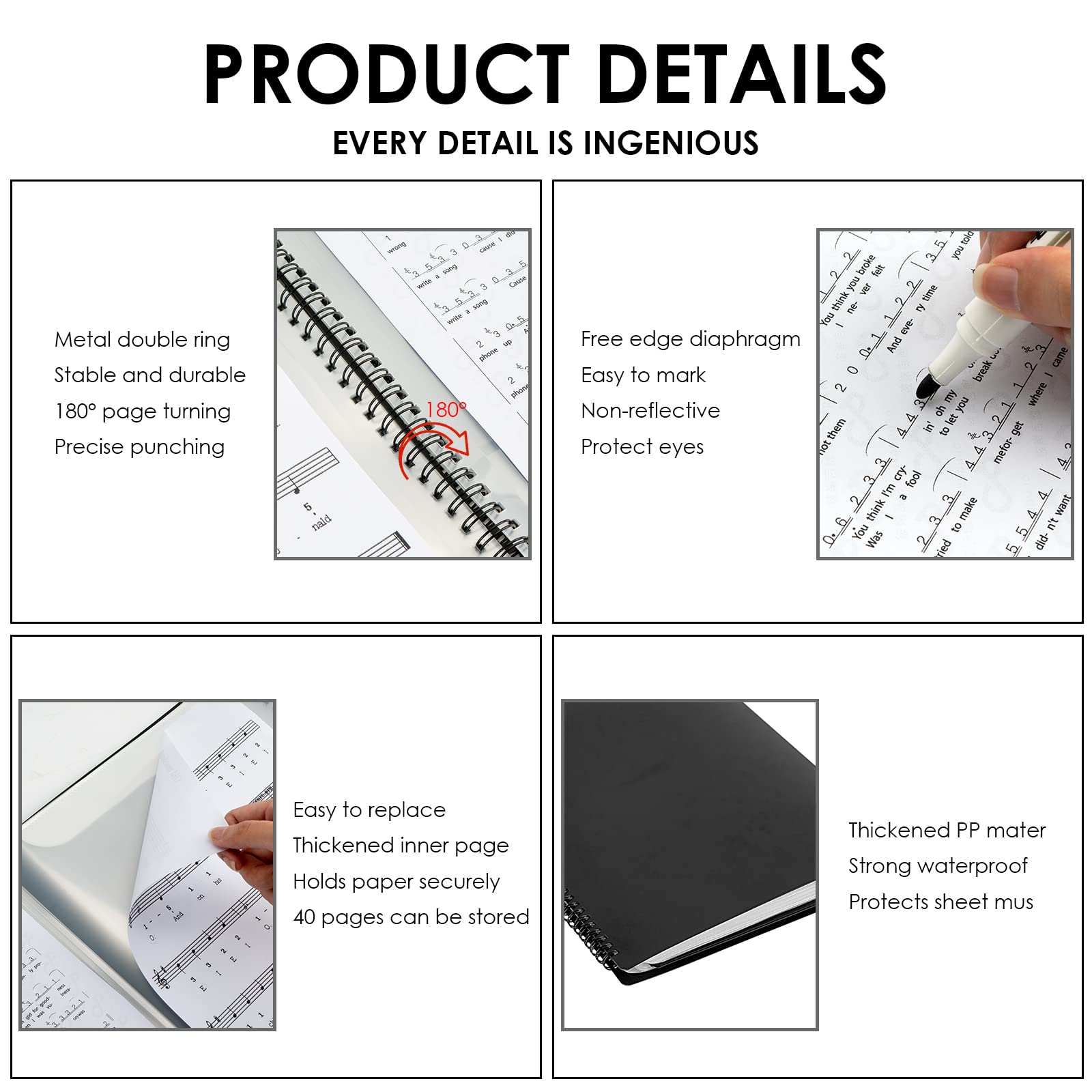 Musiin Sheet Music Folders Music Binder 4 Pages Expand Spiral-Bound A4 Size 15 Sleeves 60 Pockets Music Folder Organizer (Black) - Image 4