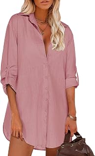 HOTOUCH Women Boyfriend Shirts Button Down Long Sleeve Blouse Cuffed Sleeve Collared Shirt