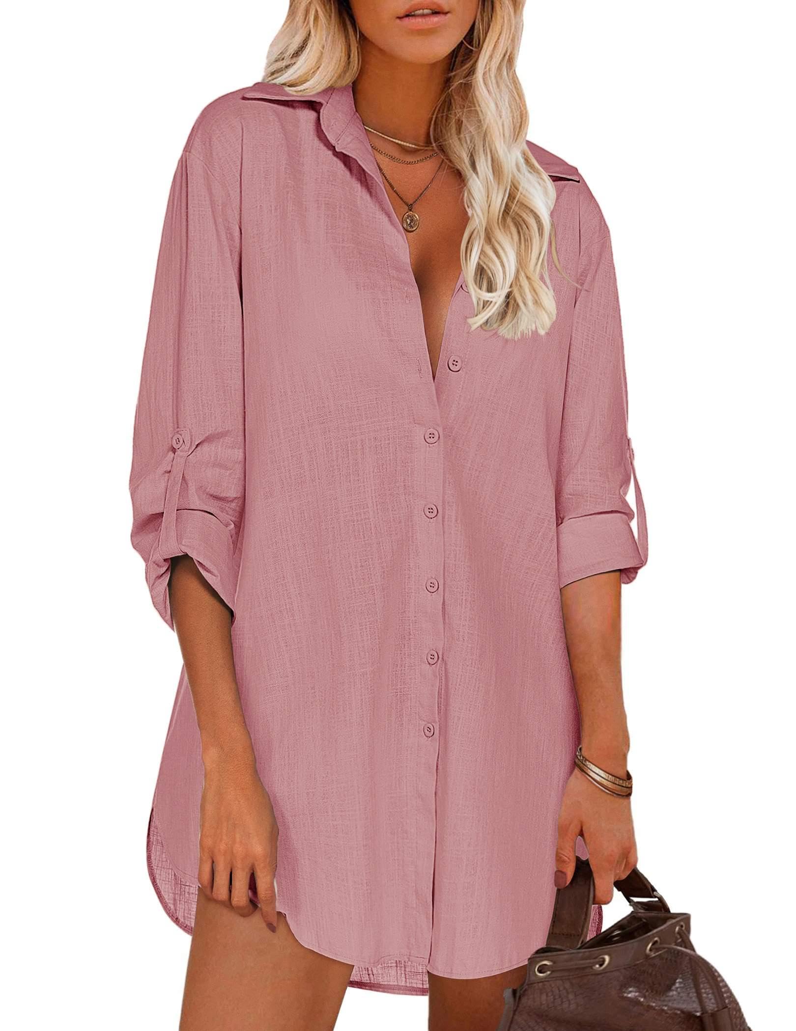 HOTOUCH Women Boyfriend Shirts Button Down Long Sleeve Blouse Cuffed Sleeve Collared Shirt
