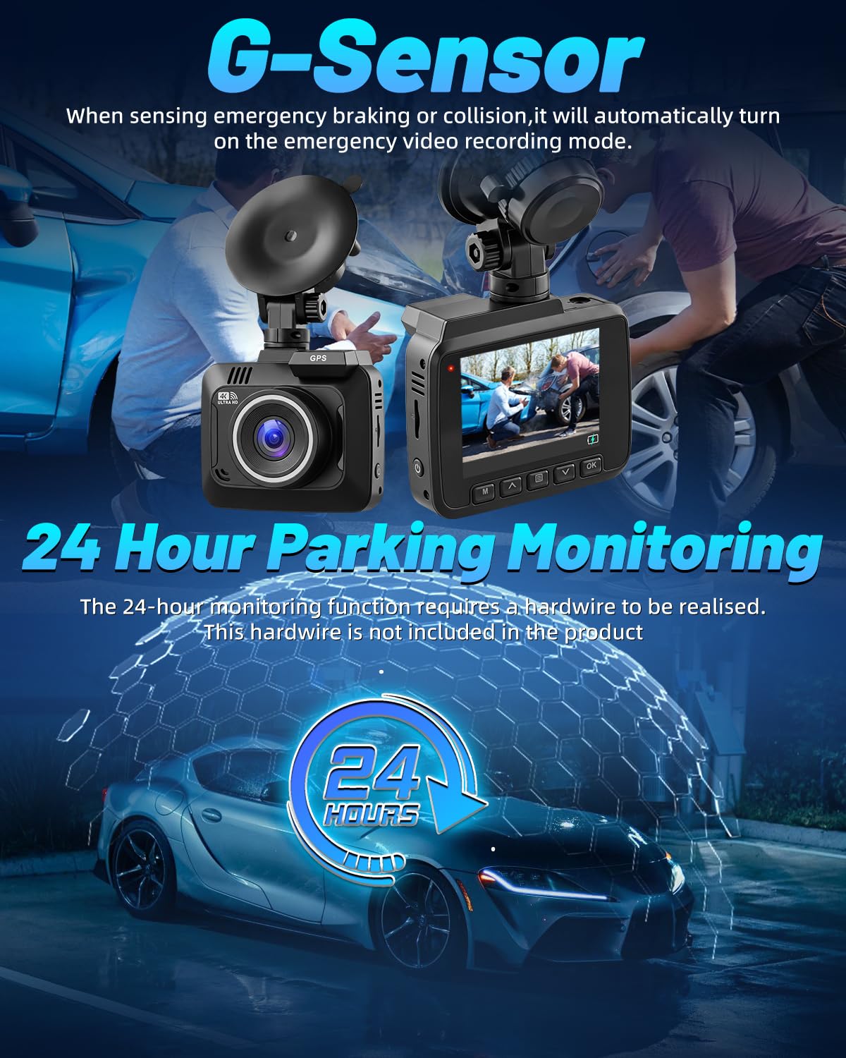 NHOPEEW Dashcam 4K para Coche con WiFi, GPS y G-Sensor | Cámara Trasera 1080P, Grabación en Bucle, Visión Nocturna, Monitor de Aparcamiento 24H, Pantalla de 2,4"
