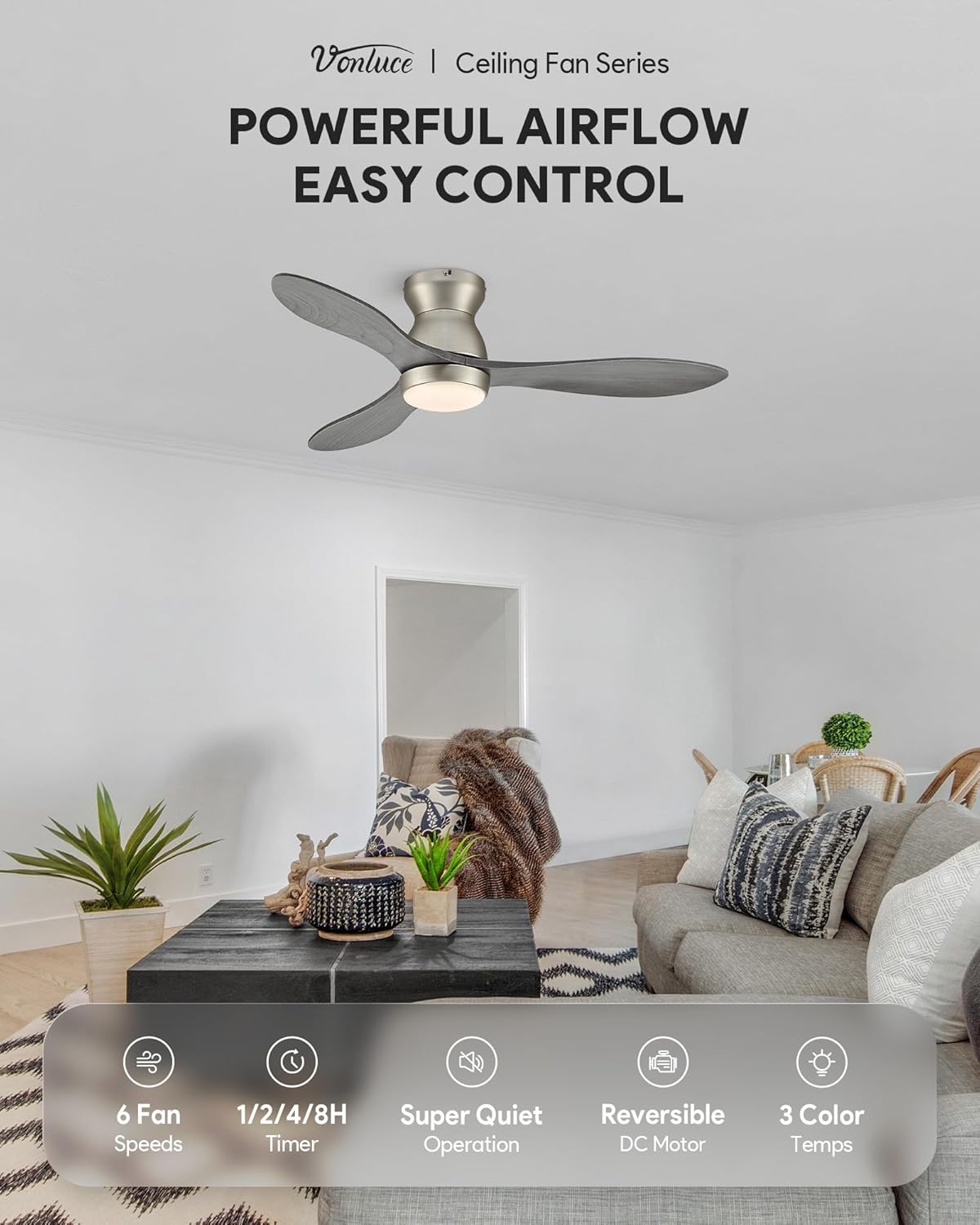 VONLUCE Wood Ceiling Fan with Lights, 42 Inch Flush Mount Ceiling Fan and Remote, 6-Speeds Quiet Reversible DC Motor, 3CCT, Natural Wood 3 Blades Outdoor Ceiling Fan for Patios Farmhouse, Nickel