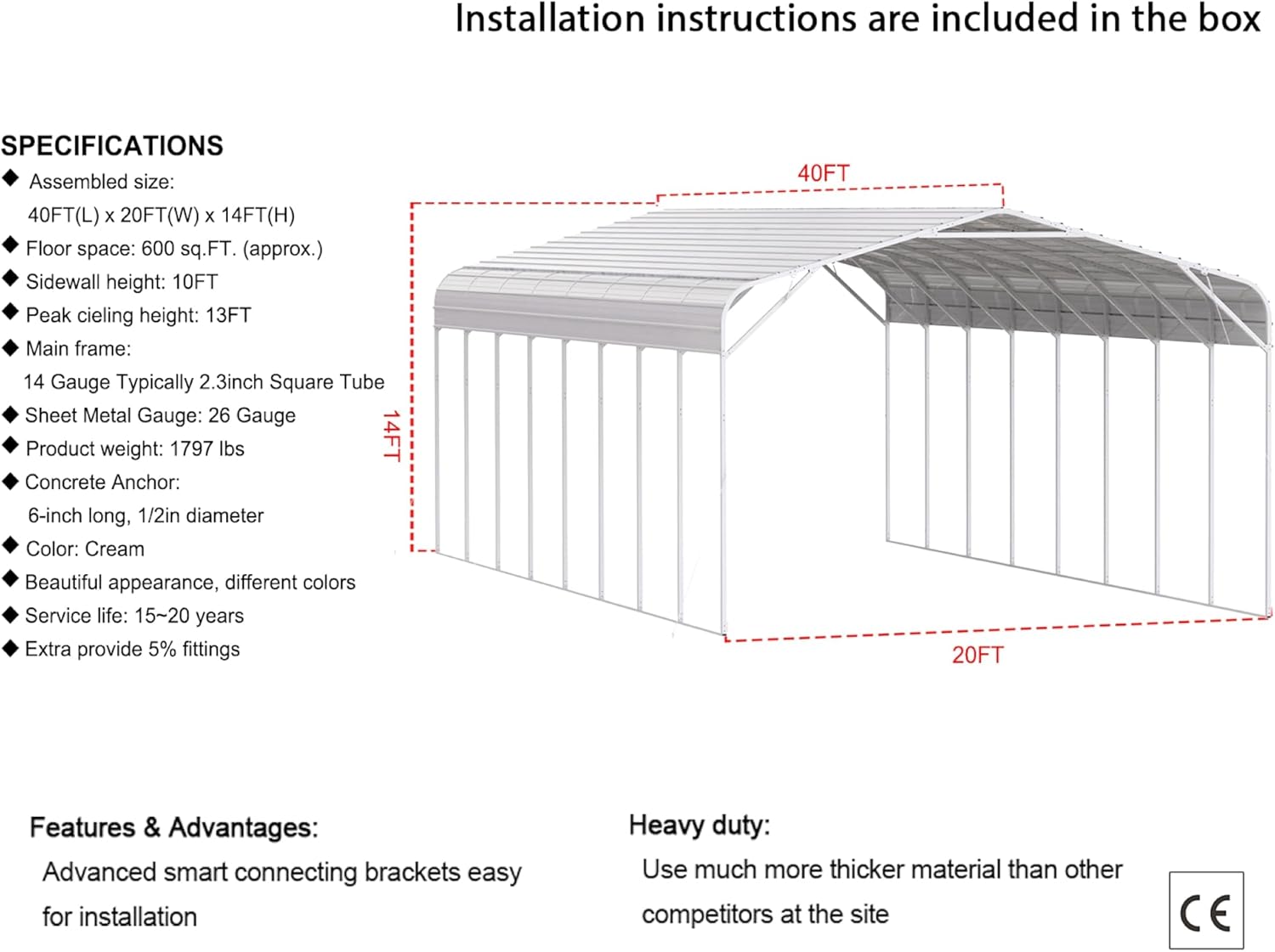 20'(W) x 40'(L) x 14'(H) Large Outdoor Metal Carport, Heavy-Duty All-Steel Vehicle Shelter for Cars Boats Pickups RVs, Cream