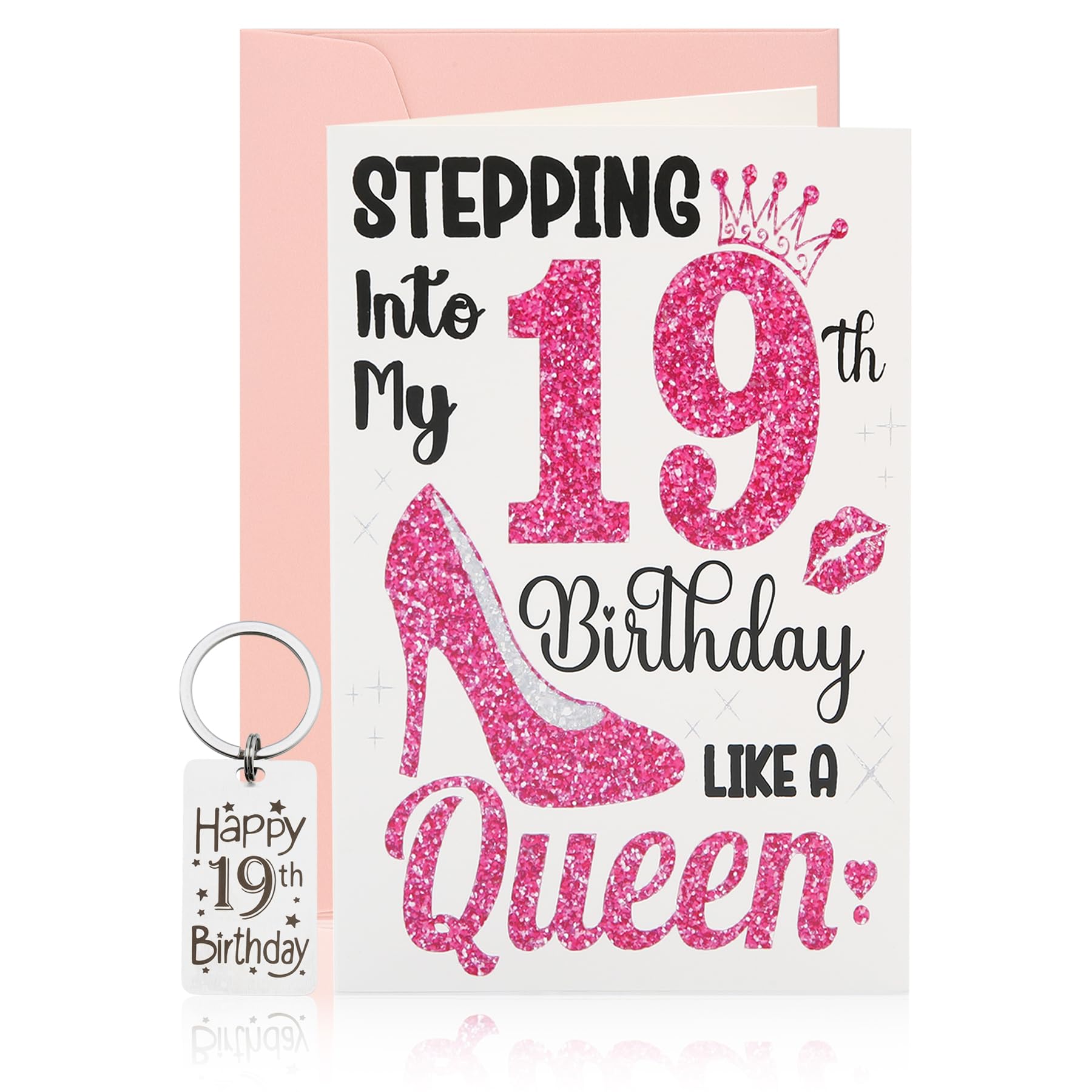 Wasise 19th Birthday Card - 19th Girl Birthday Card, 19th Birthday Gifts, Pink Queen Happy Birthday Card for Women Sister Daughter Friends, Blank Inside With Envelope Comes with Keychain