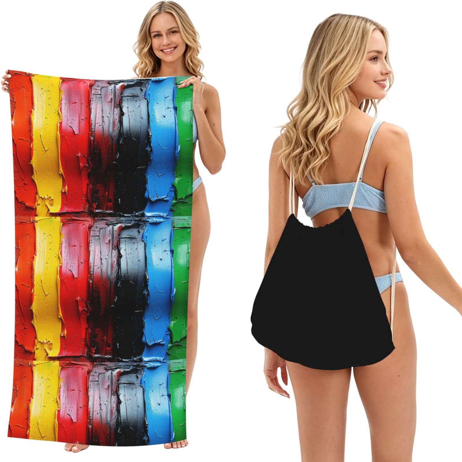 SKGOHLH Rainbow oil painting 2in1 Packable Beach Towel Bag Women