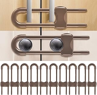 10 Pack Cabinet Locks for Babies, Baby Proofing Cabinet Locks, Adjustable U-Shaped Sliding Cabinet Child Safety Locks Childproof Latches for Knob Handles on Kitchen Storage Door Closet Dresser (Brown)