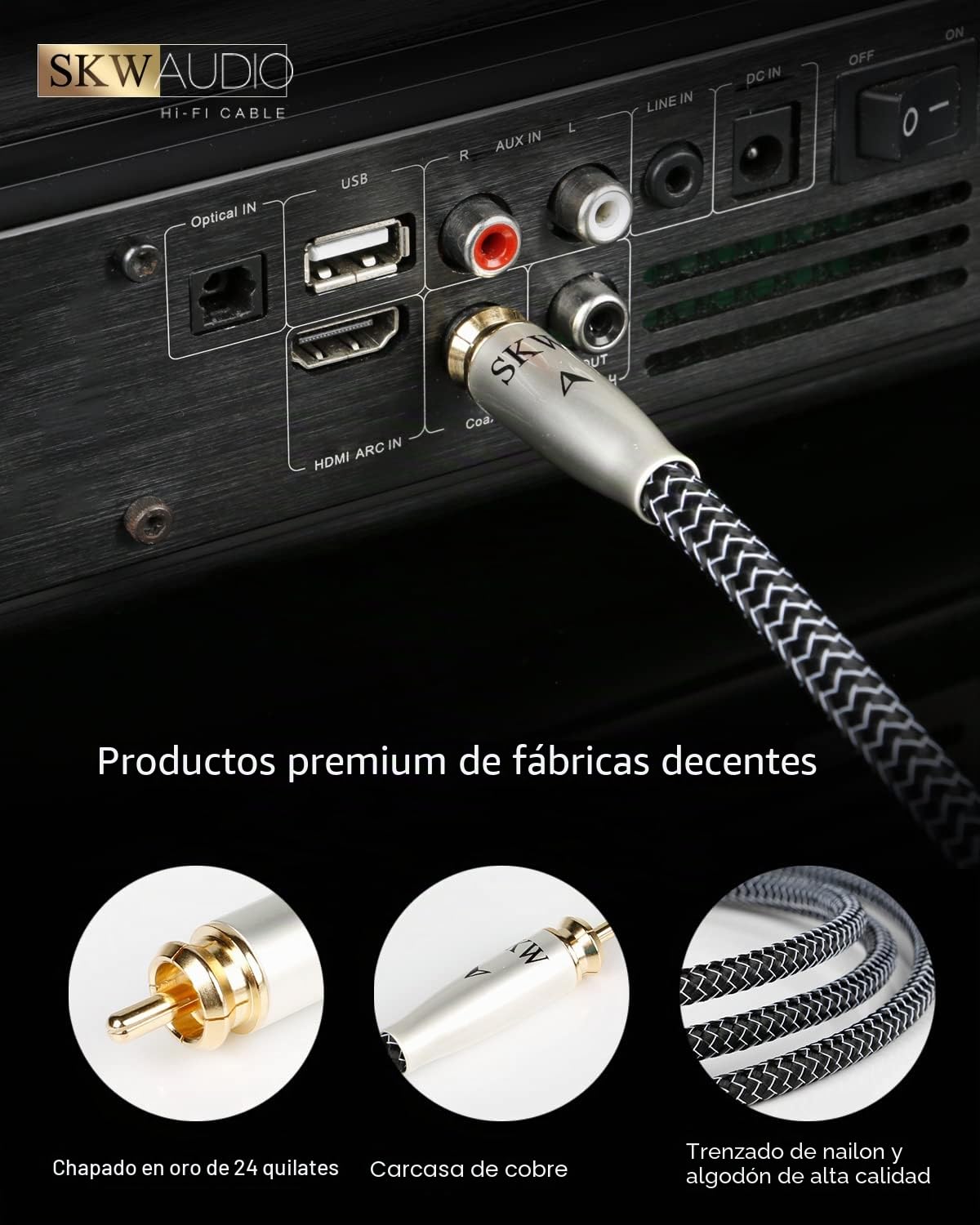 SKW High-end Cable Cinch RCA Coaxial Digital, Conductor Interior de Cobre/Plata Cable de Audio RCA S/PDIF Cable Coaxial para Subwoofer, CD, altavoz, receptor AV, amplificador - 1.5M