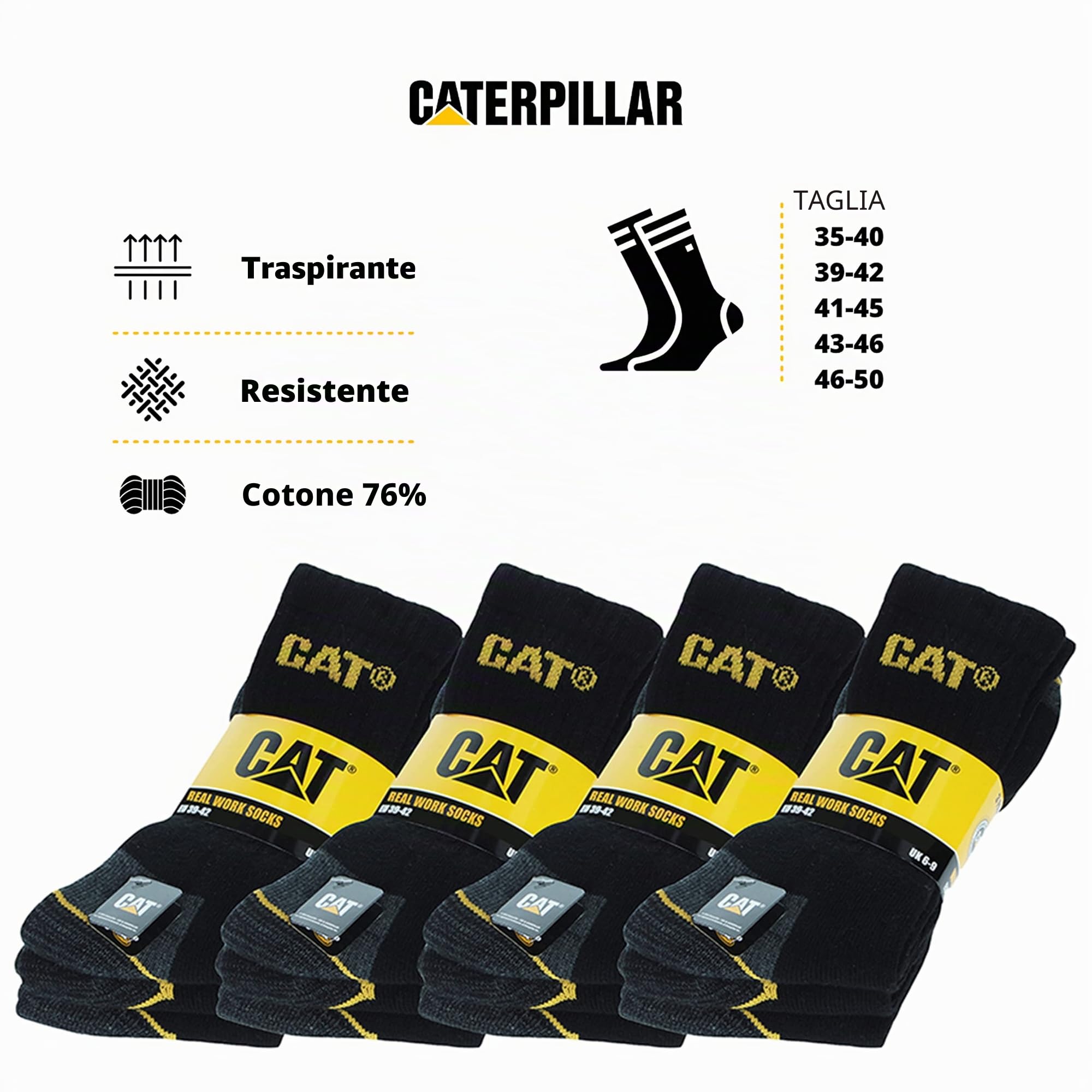 Caterpillar Real Work 12 Paia Calze Lavoro Uomo - Lunghezza Metà Polpaccio - Punta Tallone Rinforzati - Cotone