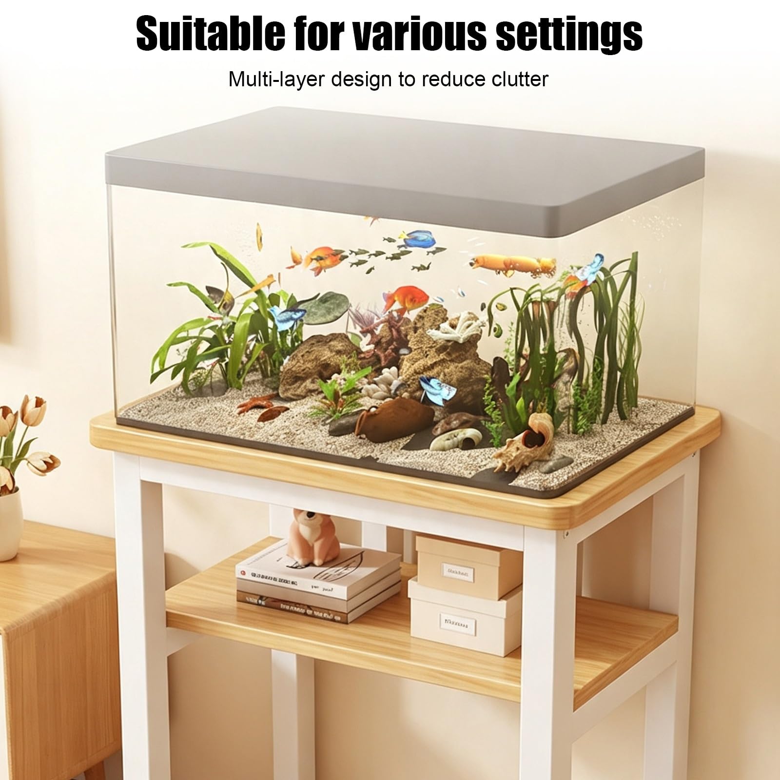 Acquario con Mobile, Mobile per Acquario | Piano del Tavolo Ispessito, Design con Doppia Barra di Supporto, Portata di 250 kg(Stone,50x40x74cm/20x16x29in)