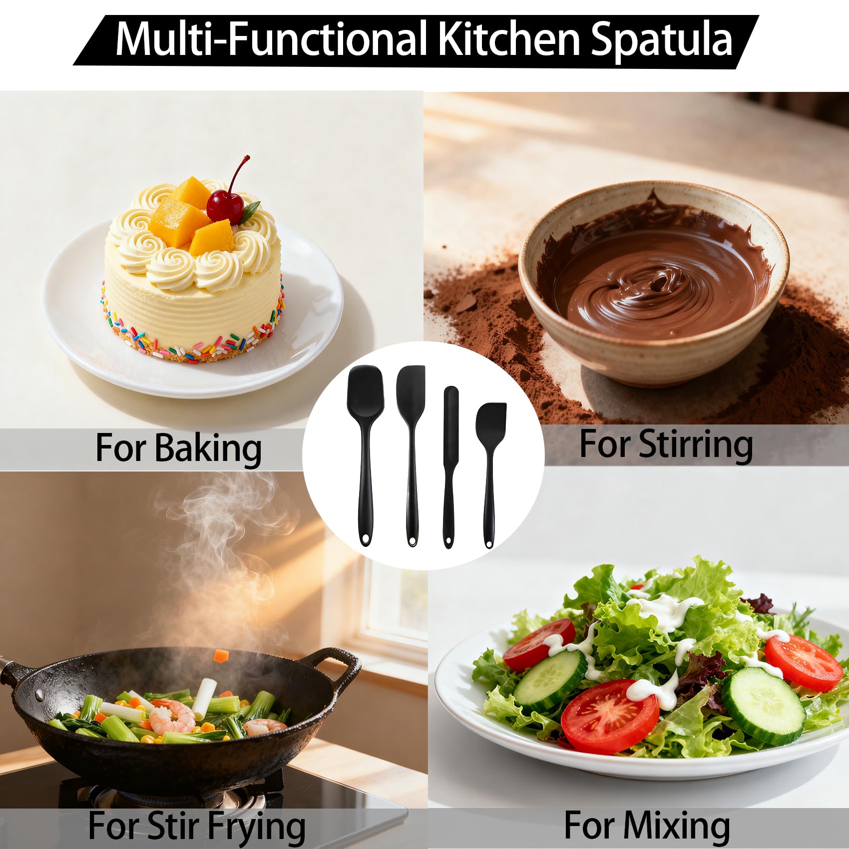 Silicone Spatula Set, Food Grade Rubber Spatula, 4 Pcs Heat Resistant Silicone Spatulas, One Piece Design Non-Stick Kitchen Utensils for Cooking, Stirring, Baking & Mixing, Dishwasher Safe (Black) — Amazon image 5