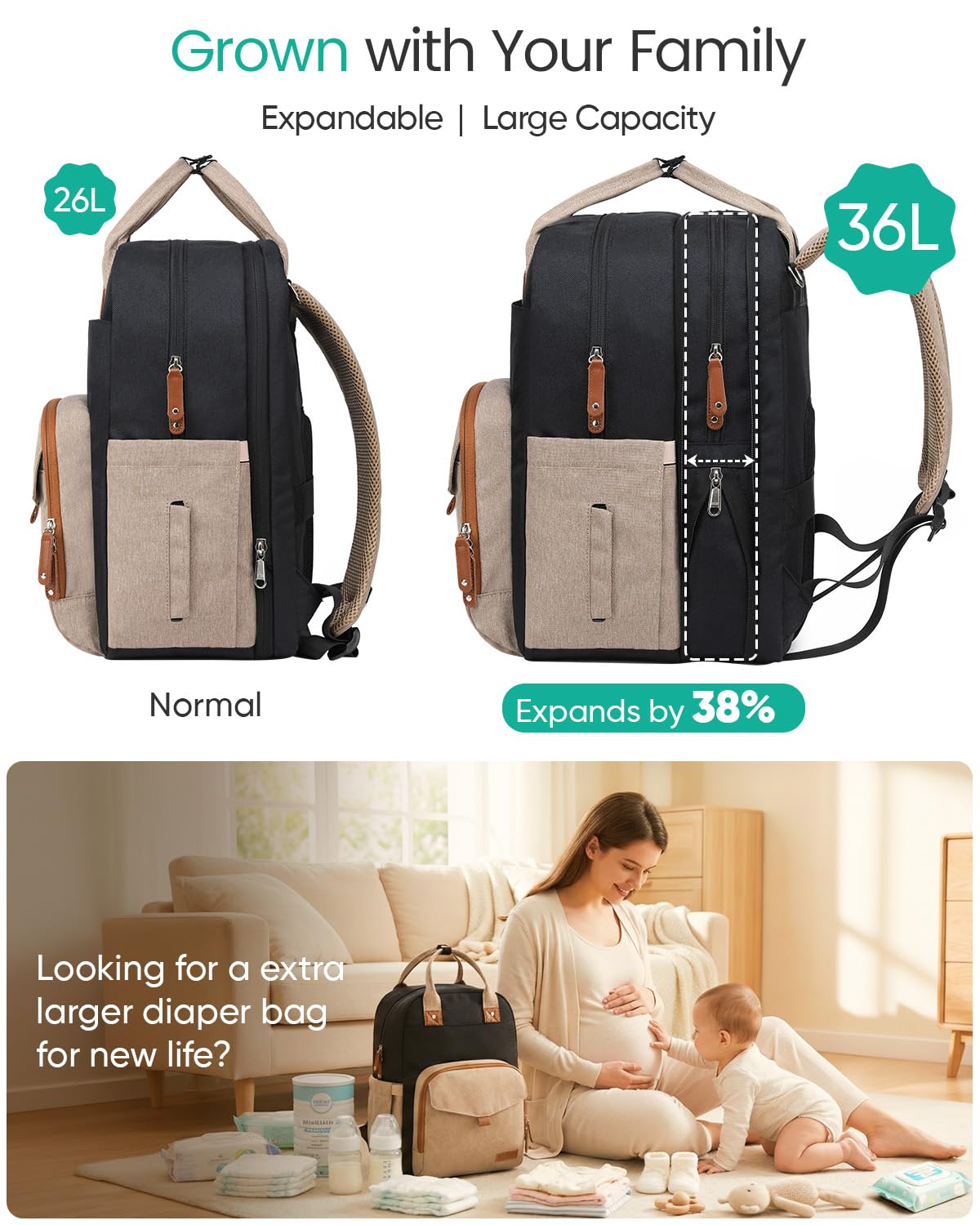 Qualyphant Borsa fasciatoio extra grande per due bambini gemelli – Borsa espandibile (26 – 36 l), due grandi scomparti, incluso fasciatoio e cinghie per passeggino, unisex, nero