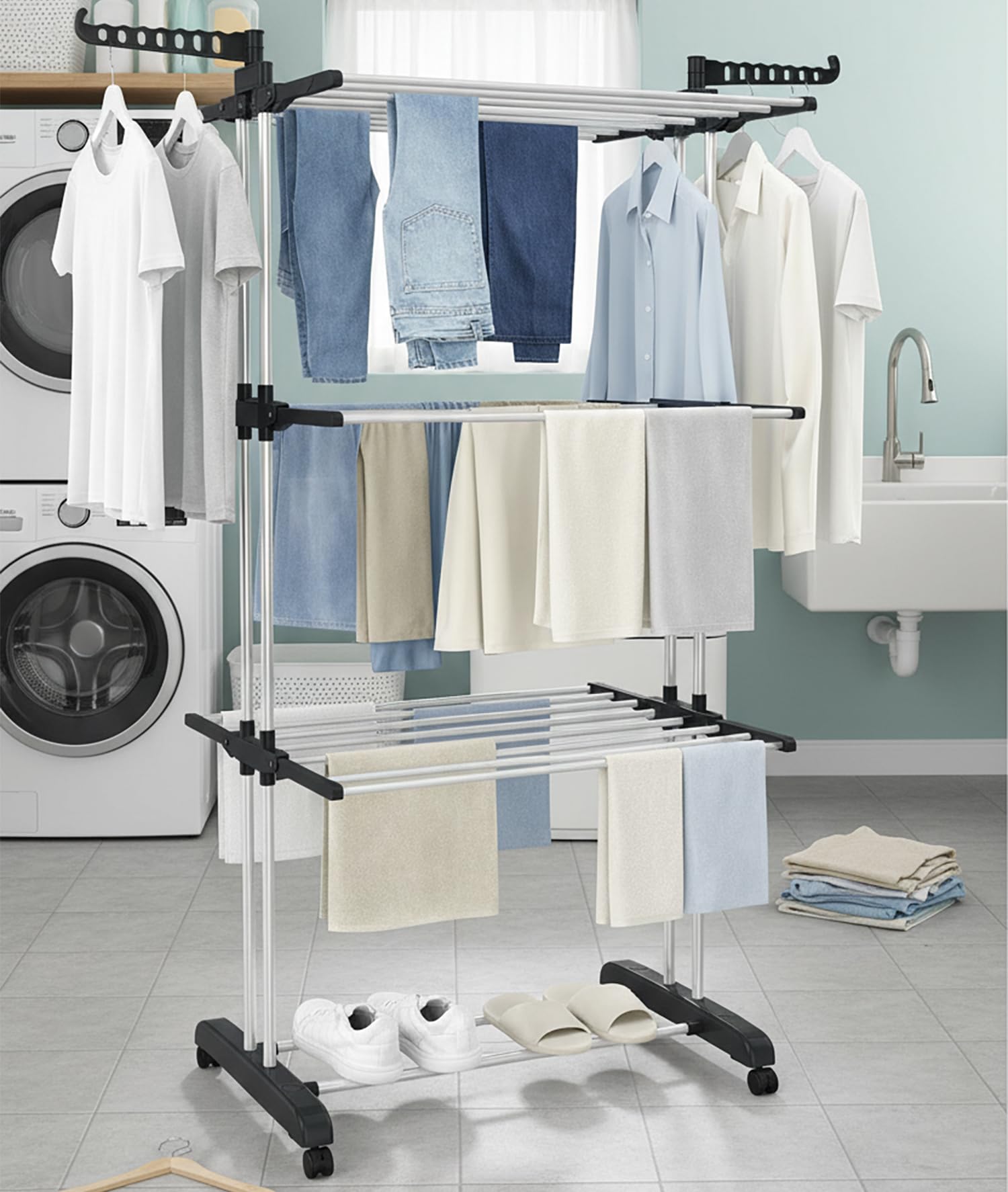 Tendedero de Ropa Plegable con Ruedas, 4 Niveles, Perchero con Ganchos Giratorios 360°, Gran Capacidad de Secado, Estante Multifuncional para Interior y Exterior (Negro+Blanco) - 5