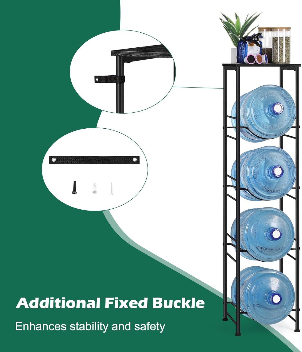 Vrisa Water Jug Holder 5 Gallon Water Jug Stand 4-Tier Water Gallon Holder Organizer with Storage Shelf 3/5 Gallon Water Jug Rack for Home Office Kitchen Black - Image 4