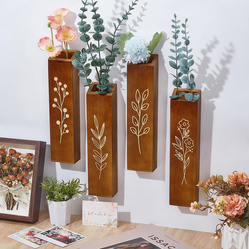 peacoblue Wood Wall Planter, 4 Pack Indoor Pocket Wall Vases Decor for Boho Farmhouse Living Room Bedroom Dried Flowers Faux Greenery Plants Brown
