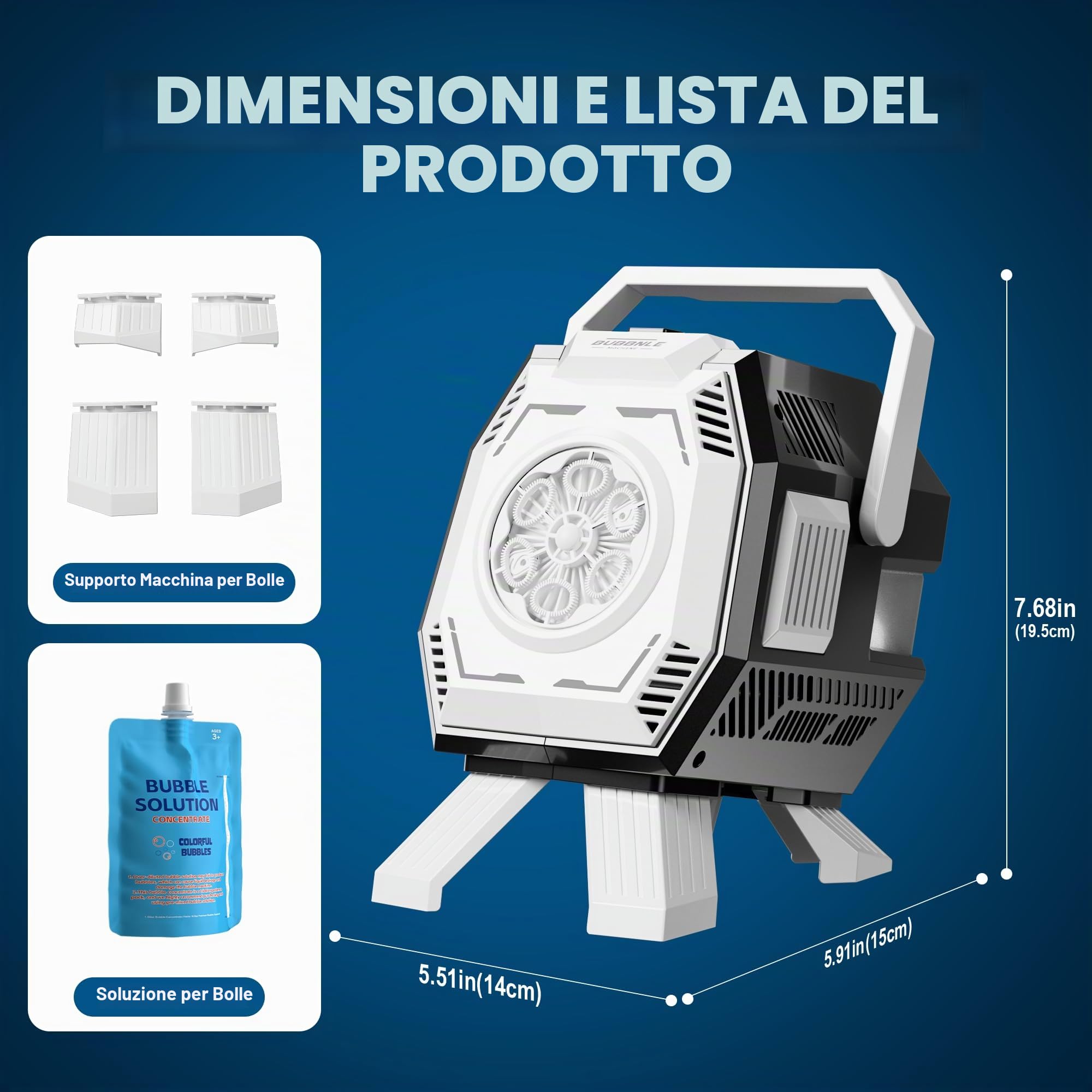 Belemar - Macchina per Bolle per Bambini con Luci, 6 Grandi Fori per Bolle, Fino a 15.000 Bolle/Min, Serbatoio Grande da 320ml, Soffiatore per Bolle Portatile A Batteria per Bambini Piccoli, Feste di
