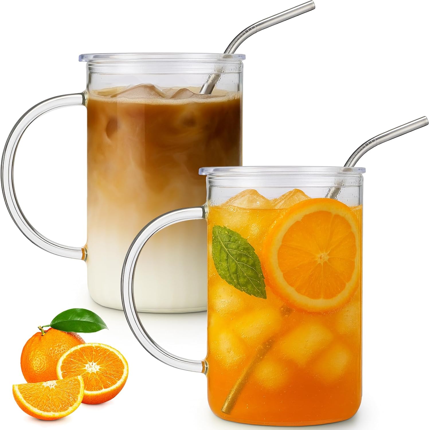Sieral 4 Pack 33.8 oz Glass Tumbler with Straw and Lid Large Glass Cup with Handles Iced Coffee Glasses Reusable Drinking Glasses Set for Iced Coffee Smoothies Drink Juice for Birthday Valentine Gift