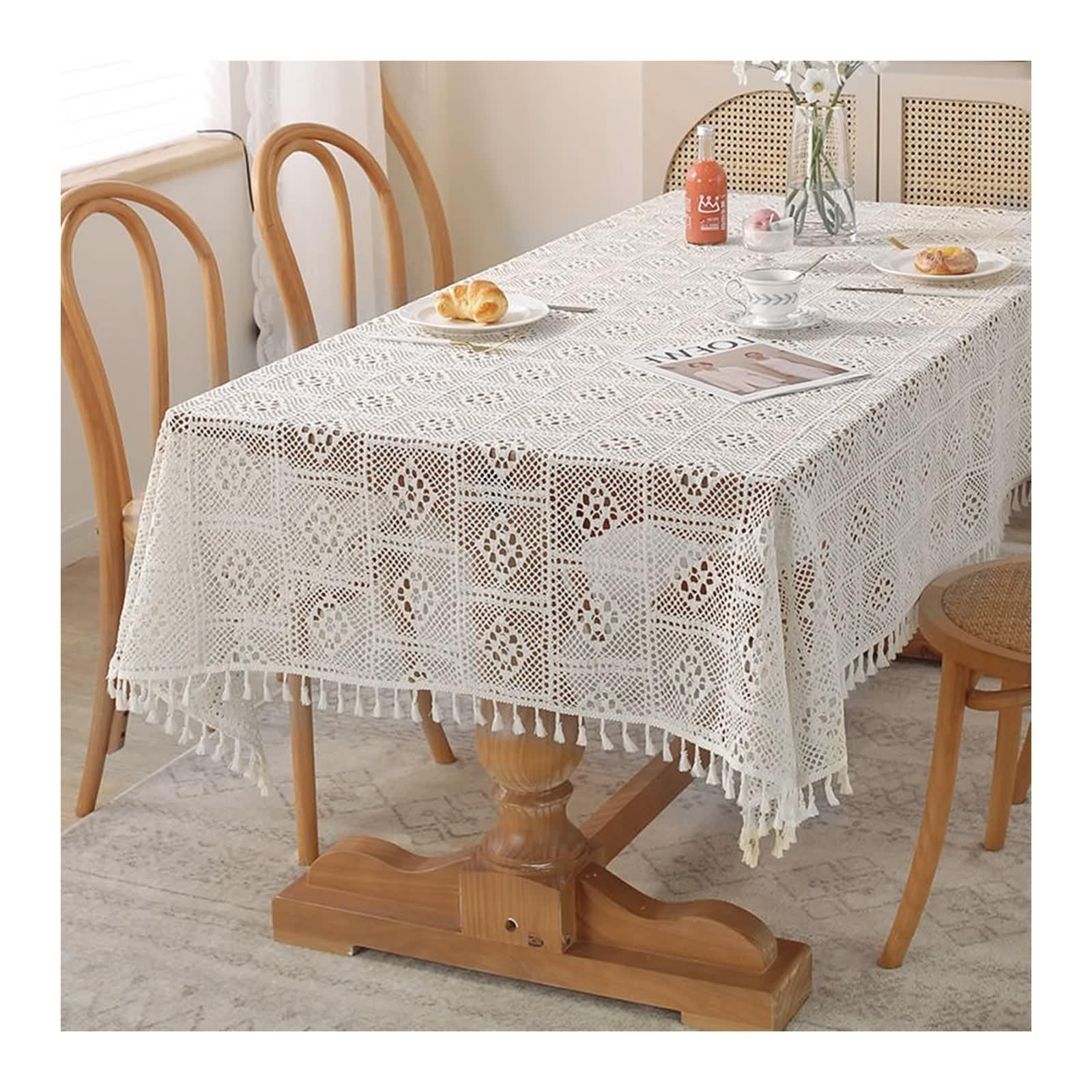 Table Cloth Vintage Mantel Blanco Fiesta Poliéster Algodón Patrón de Punto para Plaids Table Cover 140 x 250 cm para Cumpleaños Boda