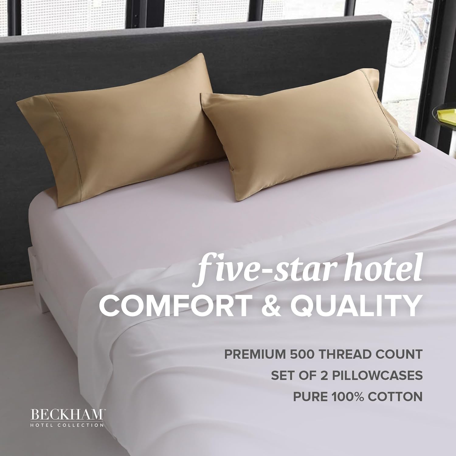 Beckham Hotel Collection Queen Size Pillow Protectors & Cotton Pillowcases - Set of 2, Sand