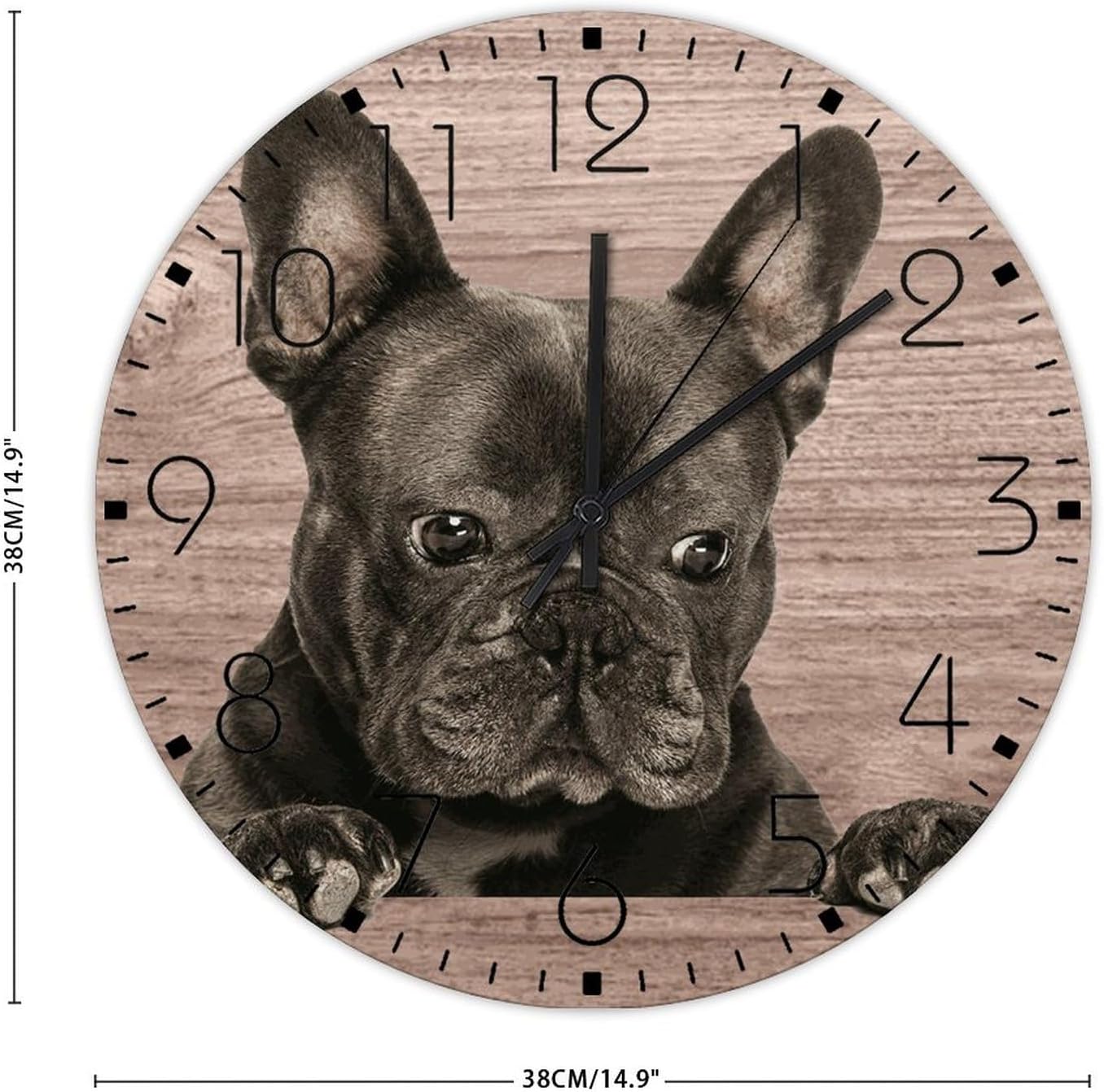 15 Inch Silent Non-Ticking Wall Clocks Battery Operated French Bulldog Wooden Wall Decor for Home Cartoon Cute Animal Puppy Beautiful Round Wooden Wall Clock Vintage for Conference Room New Home