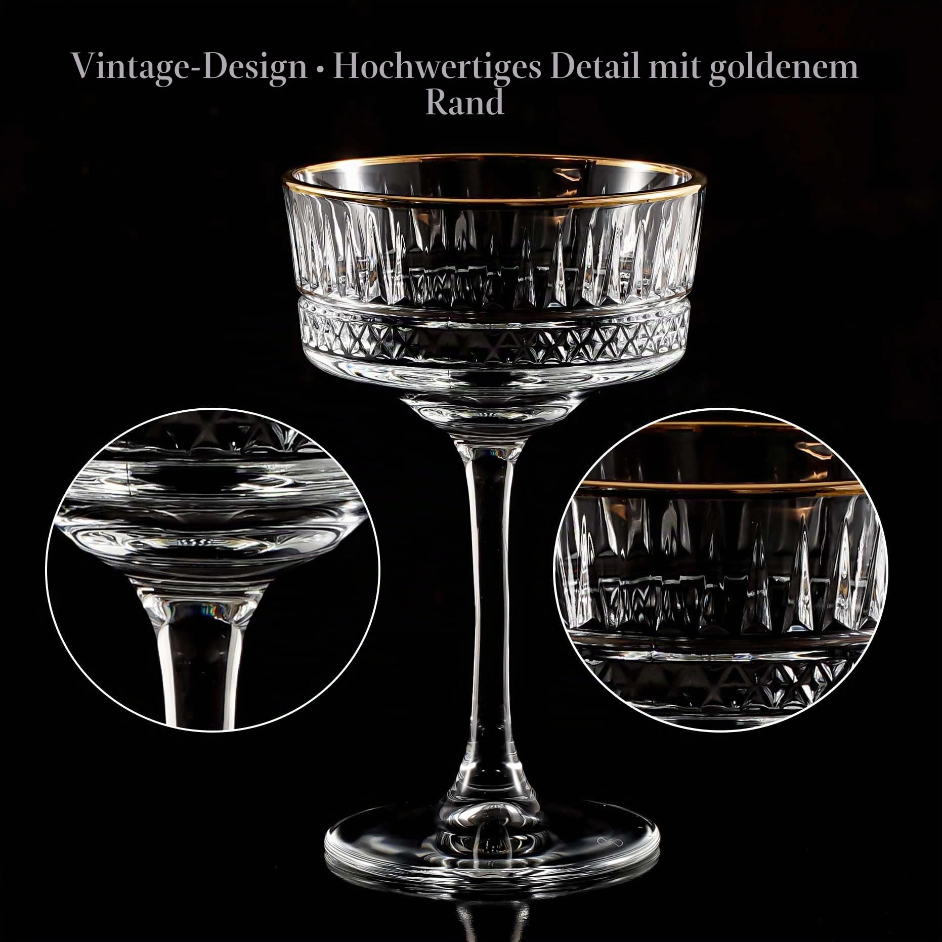 Vintage Coupé Gläser mit Goldrand, 4er Set, 260 ml/8,8 Unzen, Rotweingläser und Weißweingläser, Champagner, Cocktail, Martini, Weingläser, Gin und Prosecco Glas, Sektschalen