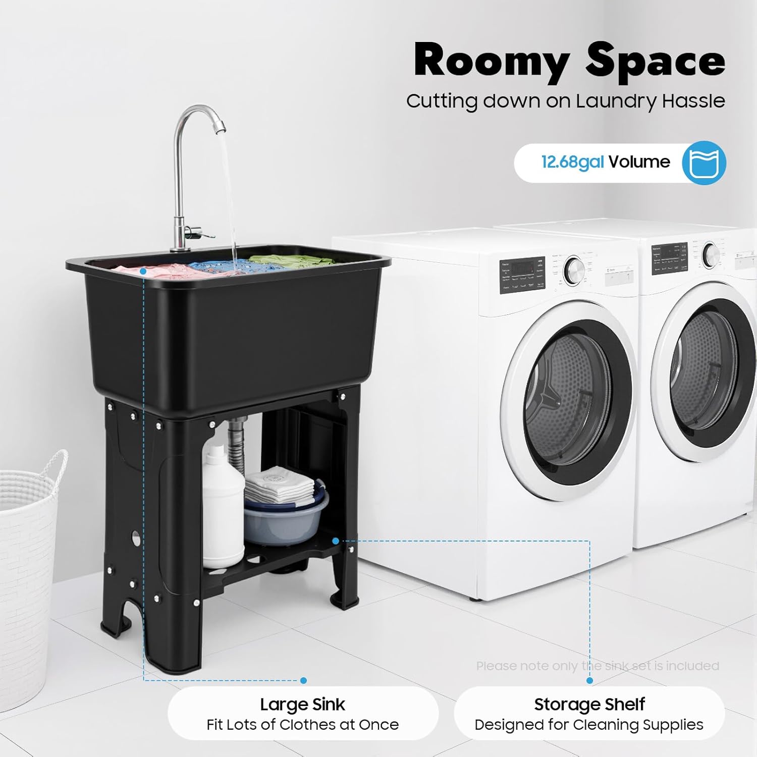 Black Utility Sink Freestanding Utility Sink with 360° Adjustable Faucet, Washboard, Pipe, Laundry Tub for Restaurants Laundries Stores Utility Rooms, Black Sink