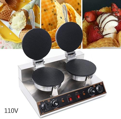 Miniatura 3 de Máquina de doble cono de helado, máquina de cono de gofre, 2 sartenes antiadherentes giratorias de 180°, molde de rollo de huevos de acero