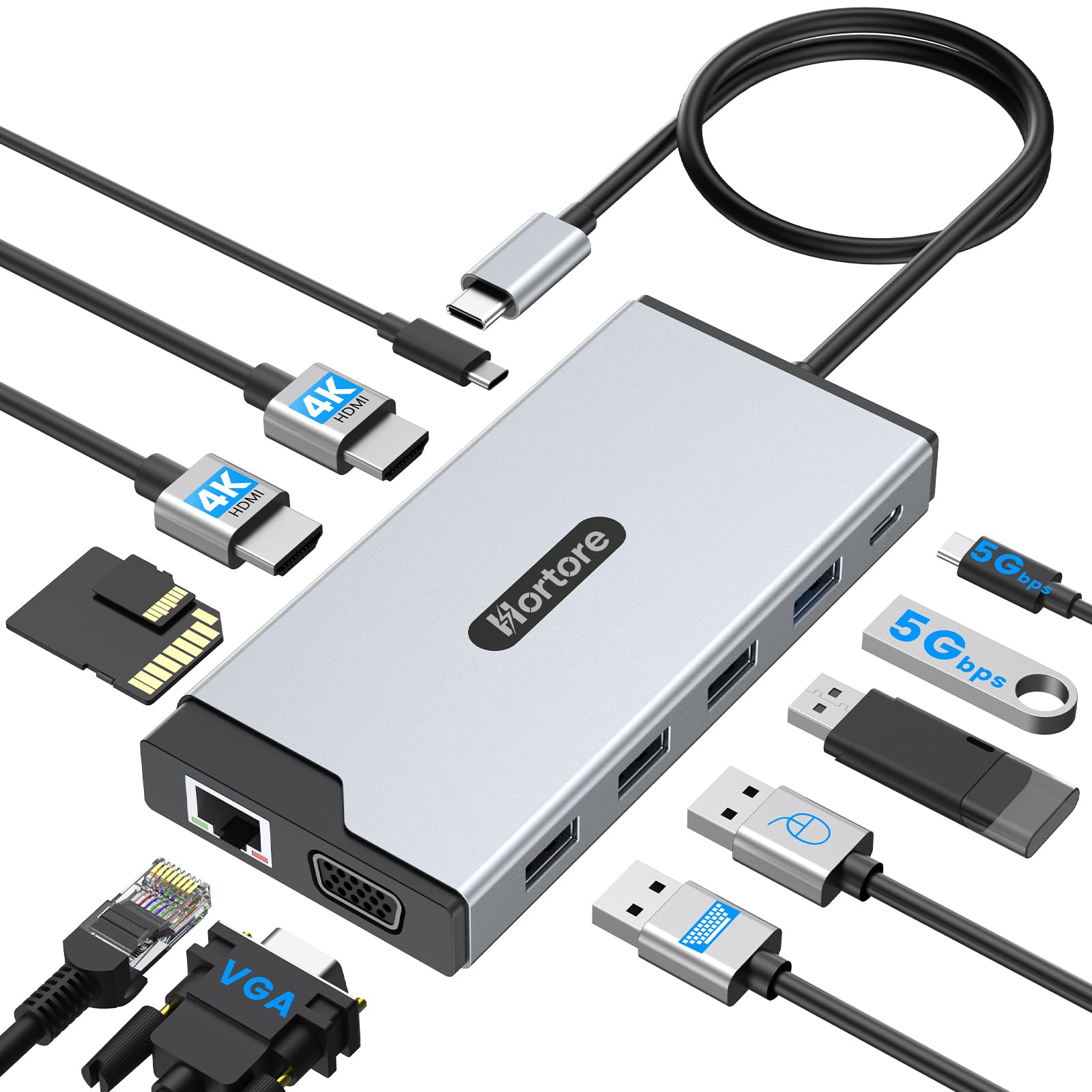 USB C Hub 12-in-1 Docking Station Dual Monitor with 2 HDMI VGA RJ45 100W PD USB-C Data 1