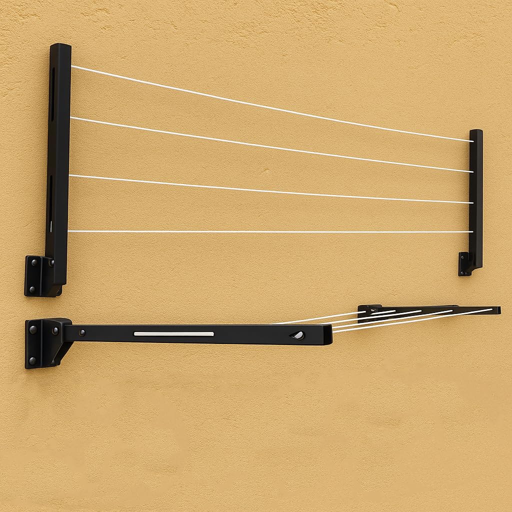 JD FRESH Metal Foldable Wall Mount Cloth Drying Stand with 30 Feet Rope/Wall Hanging Clothes Dryer Rack for Balcony & Indoor Use/Space Saving Wall Mounted Laundry Hanger(Black)-image-44