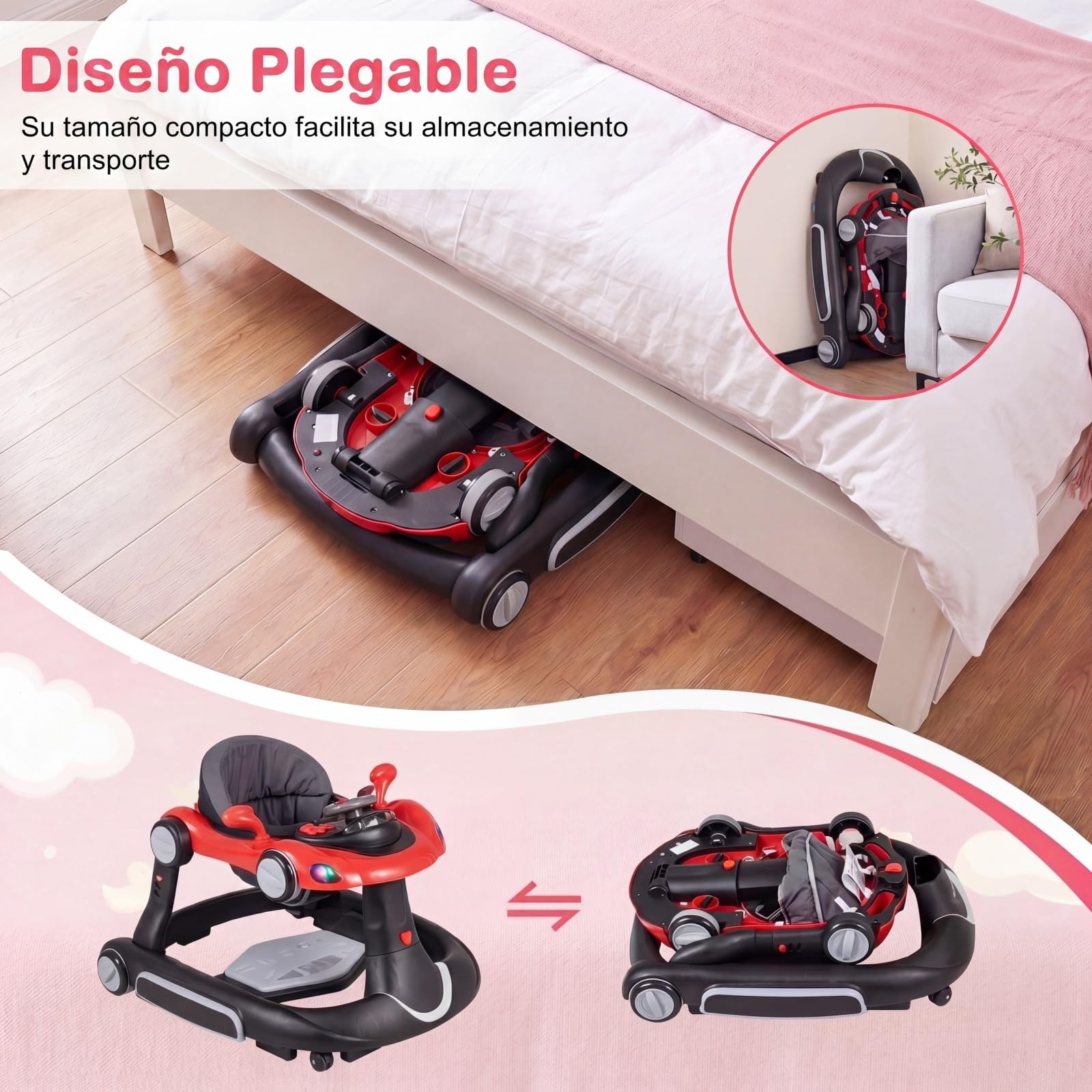 COSTWAY 7 en 1 Andador Bebes con Capota, Tacata Bebe Plegable con Altura y Velocidad Regulables con Modo Mecedora, Música, Luces y Diseño Antivuelco,Caminador para Bebe de 7-18 Meses (Negro y Rojo)