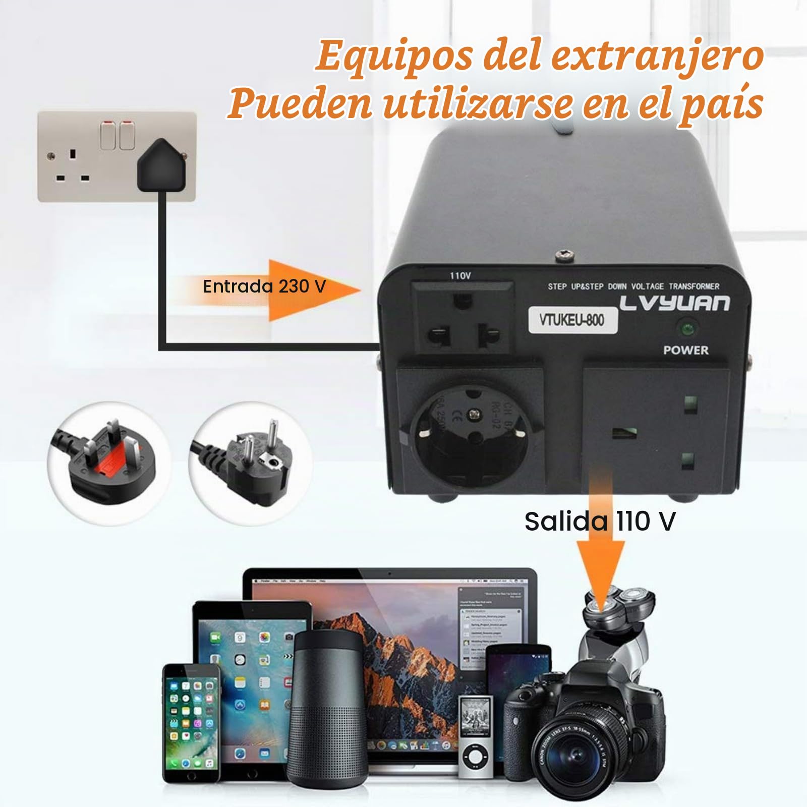 Cantonape 800VA Convertidor de voltaje 220V / 110V - Transformador Elevador/Reductor de Voltaje de 800W EE.UU, Salida 110/120Voltios 220/230Voltios CA