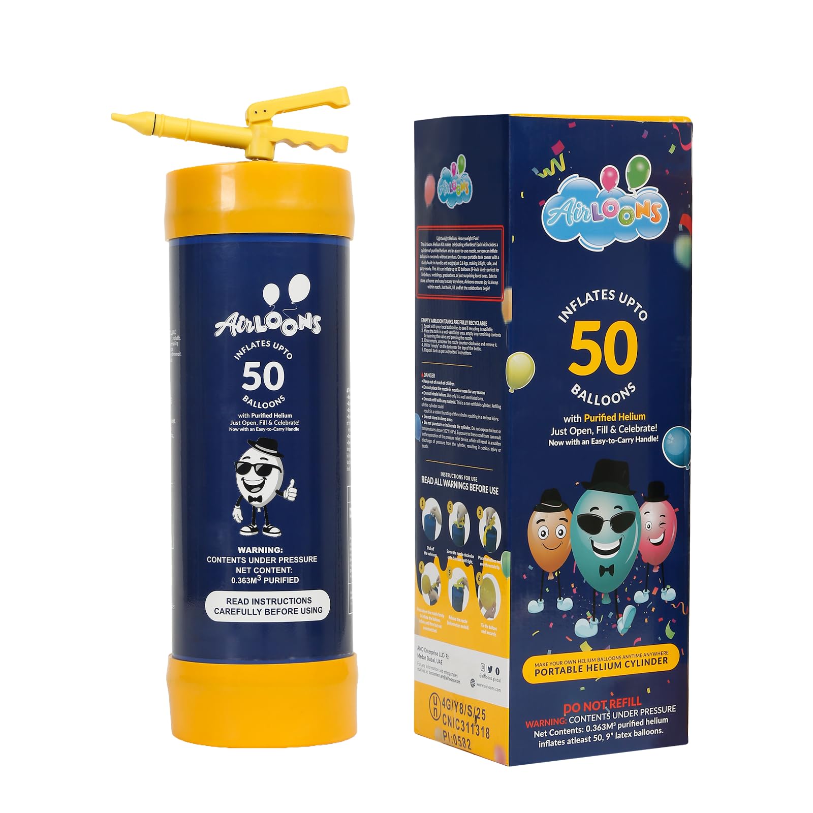 Airloons Helium Gas Canister for Balloons – Disposable Helium Tank Inflates Up to 50 x 9” Latex Balloons – Portable Party Balloon Inflator for Birthdays, Weddings & Events