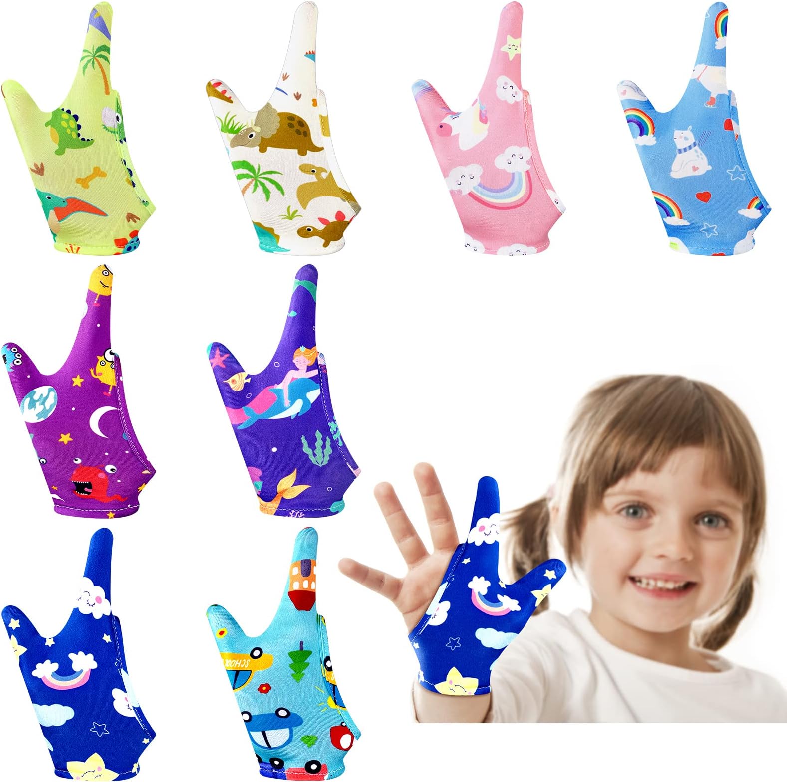 Janmercy 16 Pcs Thumb Sucking Stop for Kids Chewy Gloves Stop Breathable Thumb Guard for Nail Biting Gloves Cute Finger Sucking Stopper for Kids, 8 Style, 2 Finger(3-6 Years)