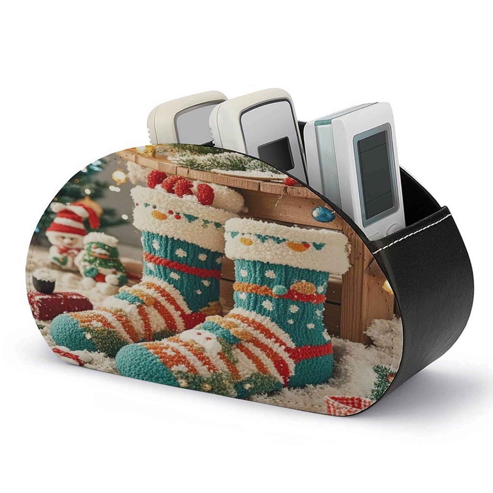 FekiLoot Cute Christmas Socks Remote Control Holder PU Leather Tabletop Organizer with 5 Compartments Storage Tray & Desktop Organizer for TV Remotes Glasses Pens