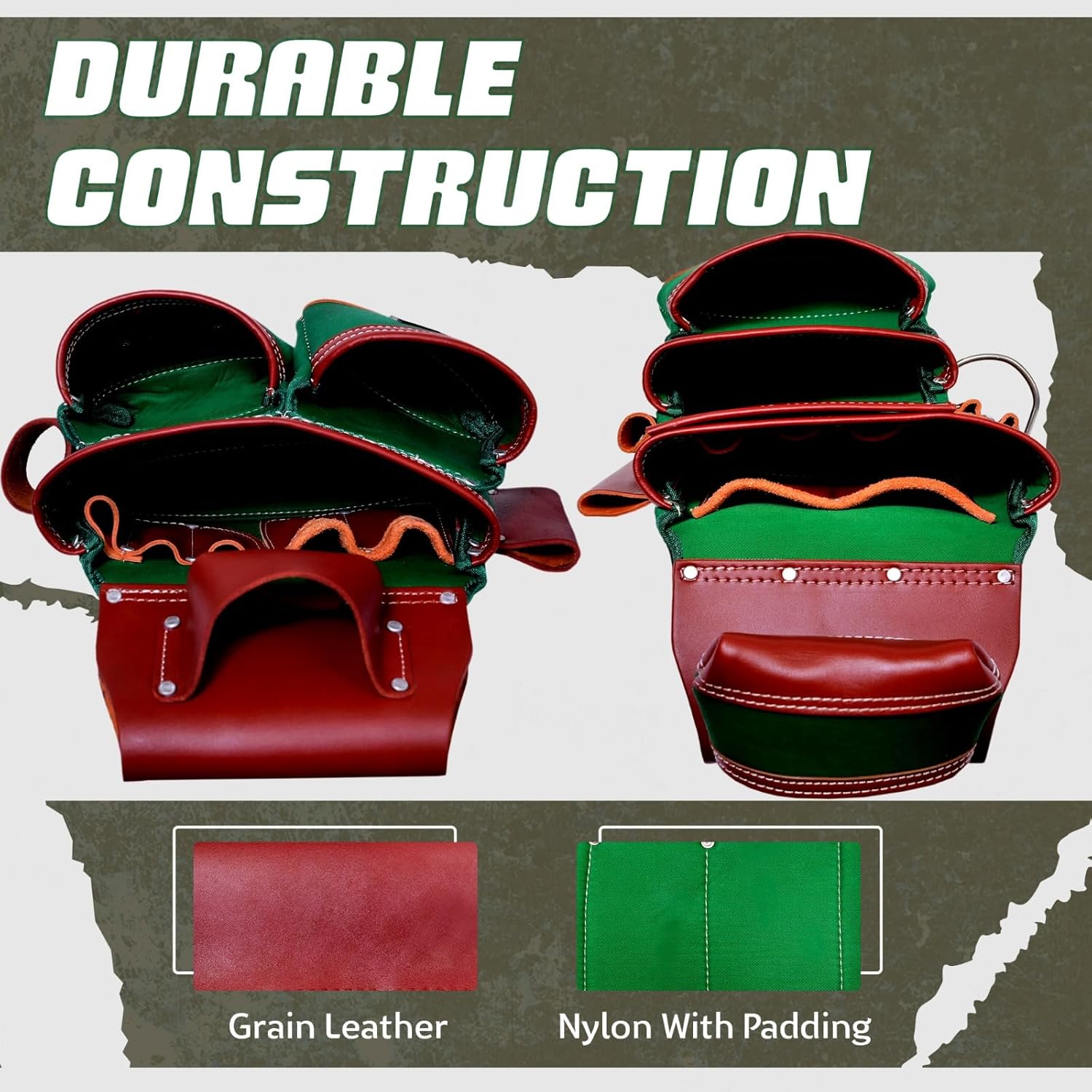 AP-LEATHER Heavy-Duty Green Tool Pouch for Men – 29-Pocket Leather & Canvas Construction Tool Belt with 2 Hammer Holders – Adjustable 30"-50" Fit – Framer, Electrician & Carpenter Tool Belt