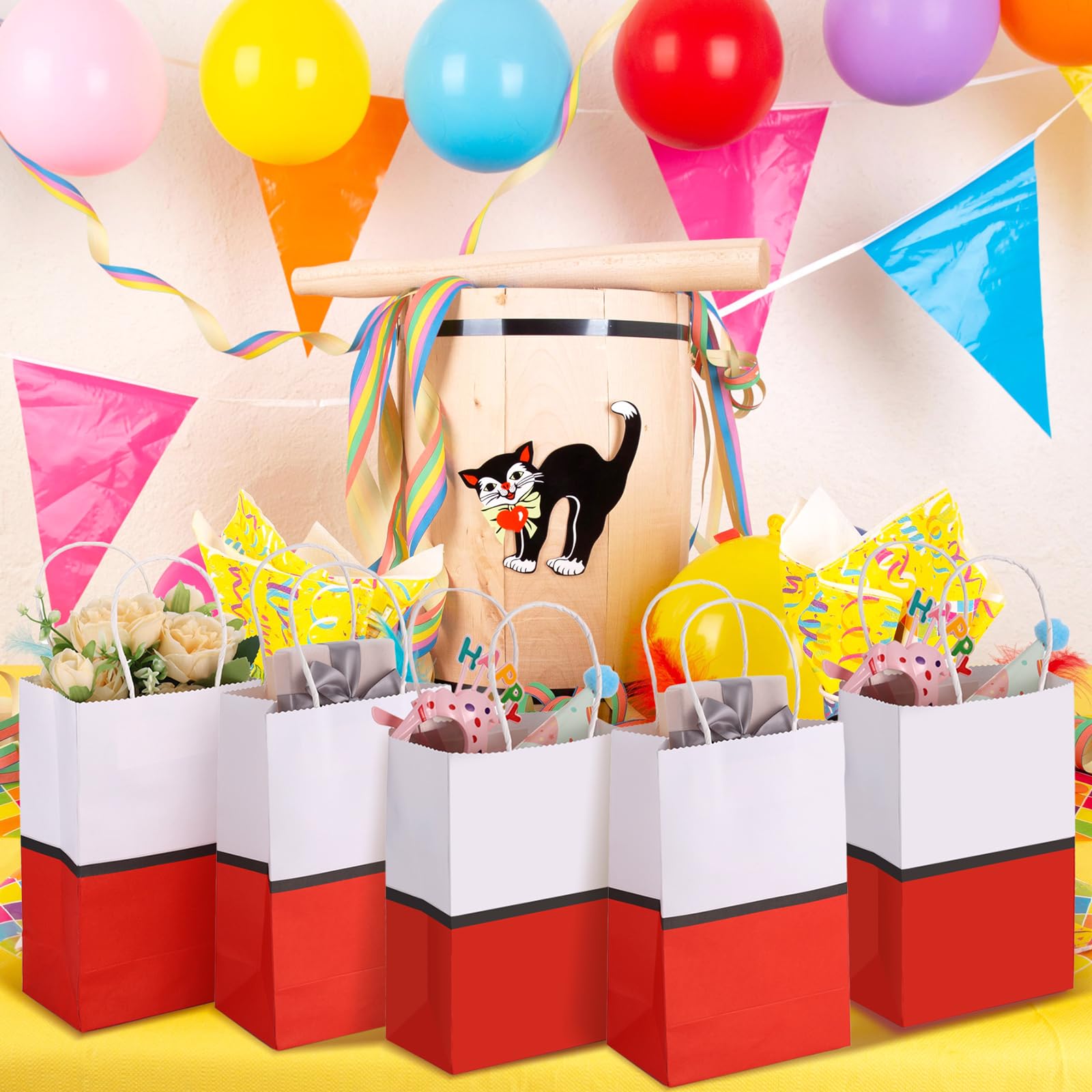16 Pcs Cartoon Animation Party Gift Bags Red Kraft Treat Bags with Handle Birthday Party Supplies Paper Goodie Container 8.25 x 5.25 x 3 Inches for Birthday Theme Supplies Baby Shower Decorations Candy