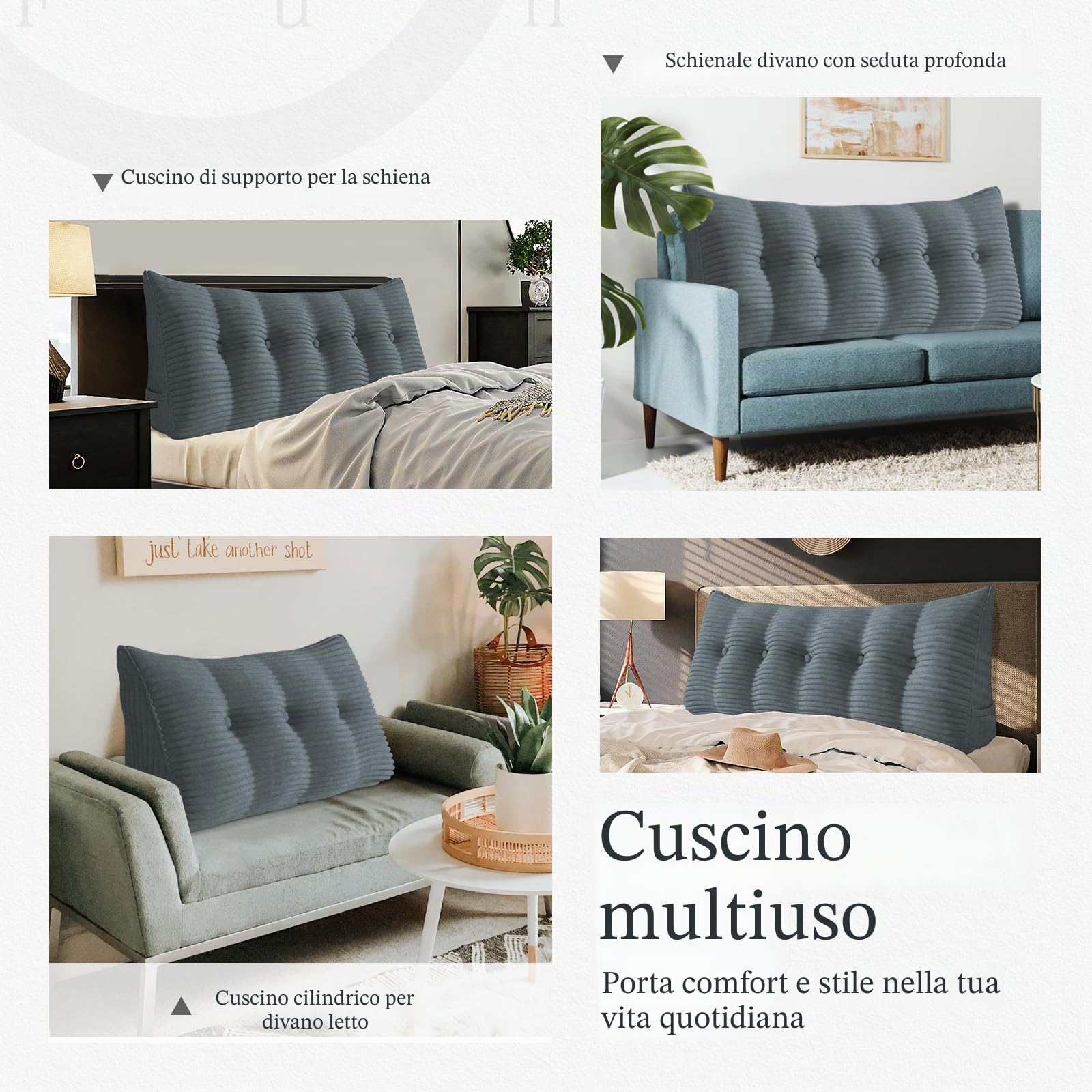cuscino con cuneo in corduroy - grande cuscino triangolare per testiera per divano letto e riposo, supporto per la lettura, cuscinetto per posizionamento dei piedi (Grigio, 160x50x20cm)